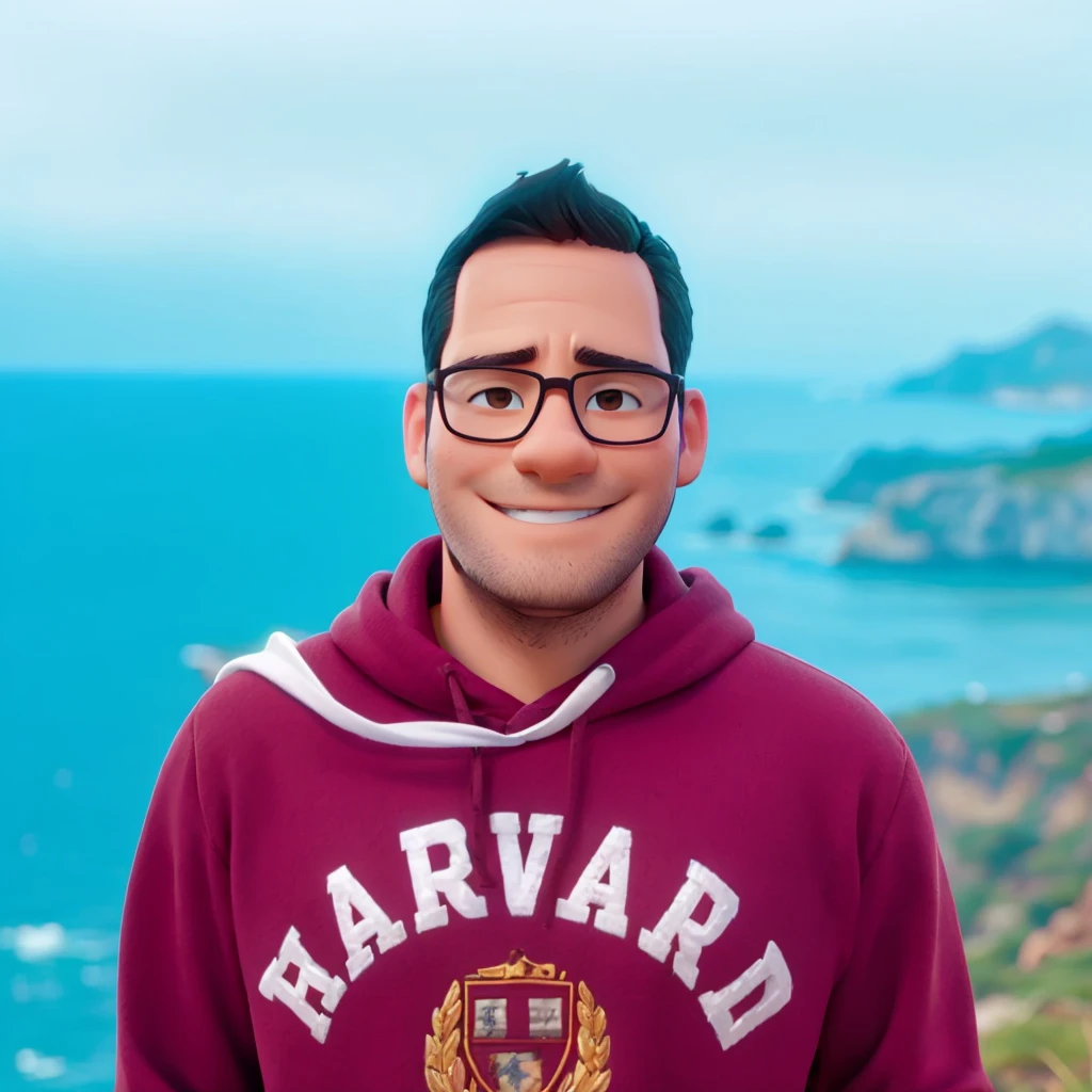 The image is a portrait-style photograph showing a man with short, dark hair and no beard. He is wearing black-rimmed glasses and a brown hoodie with the word 'HARVARD' printed in white block letters across the chest. The background is an outdoor setting with a blurred view of the ocean and rocky terrain, suggesting a coastal location. The man has a warm smile and a light to medium skin tone. The overall composition is casual and relaxed, with the subject centered and looking directly at the camera.
