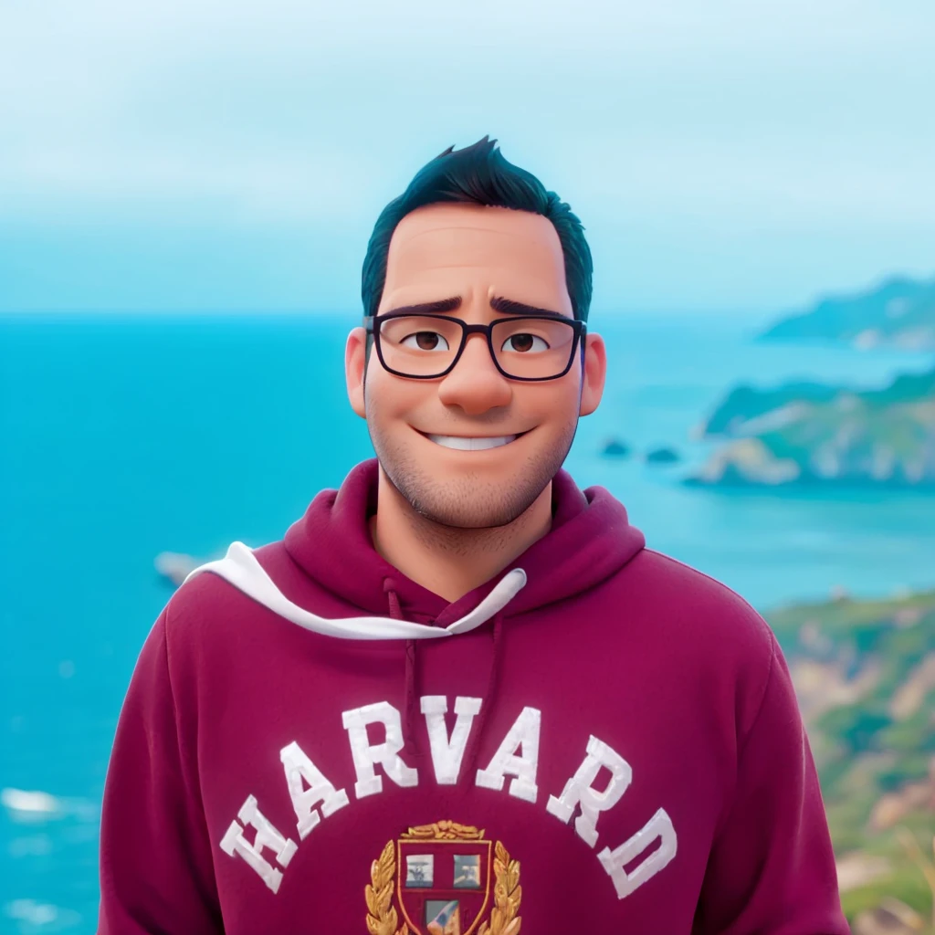 The image is a portrait-style photograph showing a man with short, dark hair and no beard. He is wearing black-rimmed glasses and a brown hoodie with the word 'HARVARD' printed in white block letters across the chest. The background is an outdoor setting with a blurred view of the ocean and rocky terrain, suggesting a coastal location. The man has a warm smile and a light to medium skin tone. The overall composition is casual and relaxed, with the subject centered and looking directly at the camera.