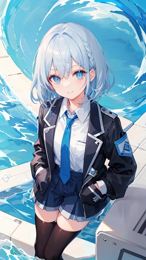 ((top-quality)), ((​masterpiece)), ((Ultra-detail)), (Extremely delicate and beautiful), girl with, solo, full bodyesbian、cold attitude,((Black jacket)),She is very(relax)with  the(Settled down)Looks, depth of fields,Evil smile,Bubble, under the water, Air bubble,bright light blue eyes,inner color with bright gray hair and light blue tips,,Cold background,Shorthair、bobhair、linear art, shortpants、knee high socks、White uniform like 、((female high-school student)),Light blue ribbon ties、Clothes are sheer、Hands in pockets、Bright eyes like sapphire,Fronllesse Blue, A small blue light was floating、fantastic eyes, Looking from above、looking down at the person watching