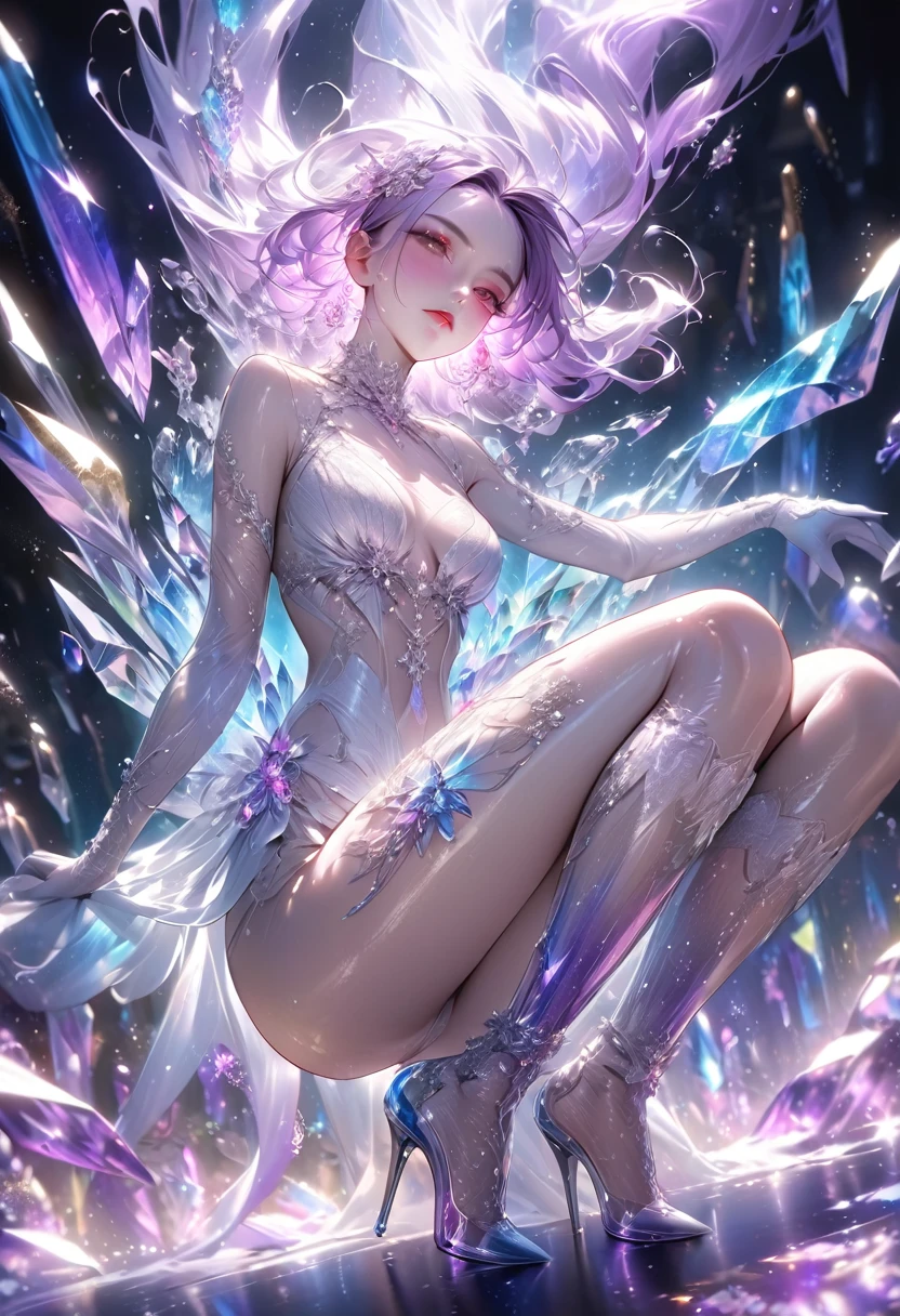 crystal covered, （Full body ：1.3）, alternate color, masterpiece, detailed illustration, realistic, pixiv top quality, exquisite, {{{kawaii 1girl}}}, ultra beauties who fuse with machines, glitter beautiful female, Half of my body is made of machines,  cinematic lighting, dynamic angle, dynamic pose, crystal world, depth of field，Shiny socks，Crystal stockings，Crystal high heels
