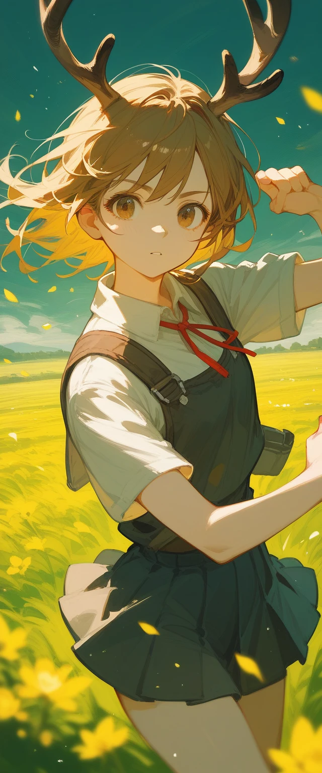 A girl with deer antlers, short brown hair who fights with a girl with long yellow hair with bare hands in a school field with a dynamic pose,anime art