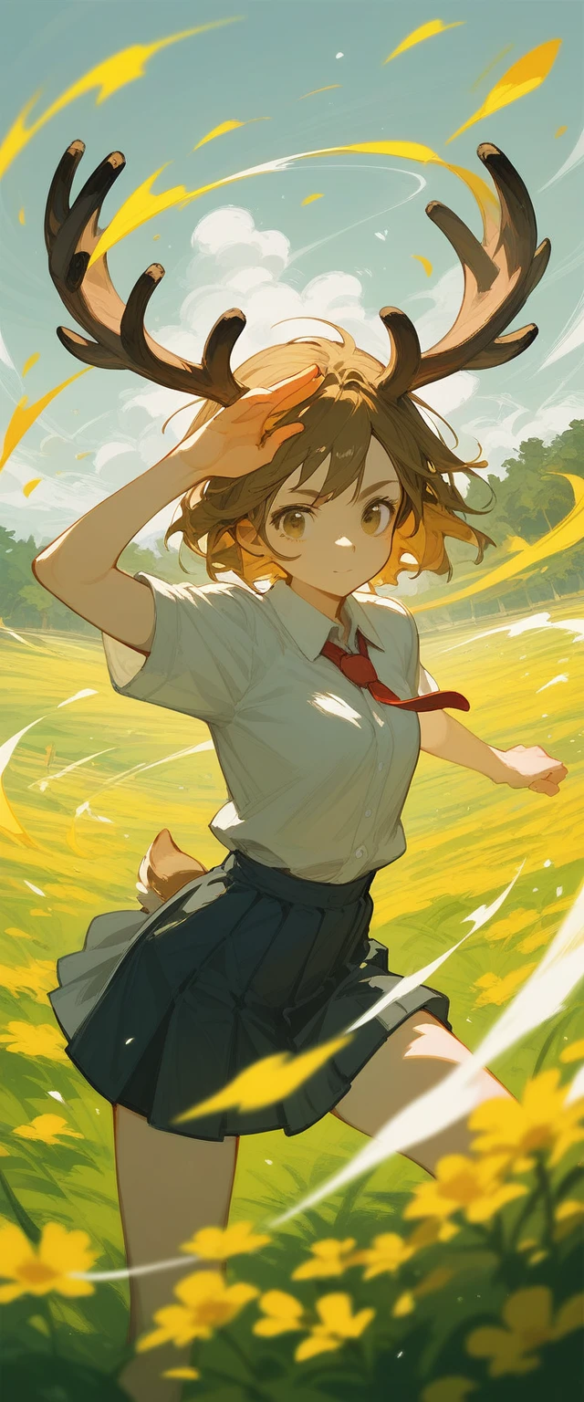 A girl with deer antlers, short brown hair who fights with a girl with long yellow hair with bare hands in a school field with a dynamic pose,anime art