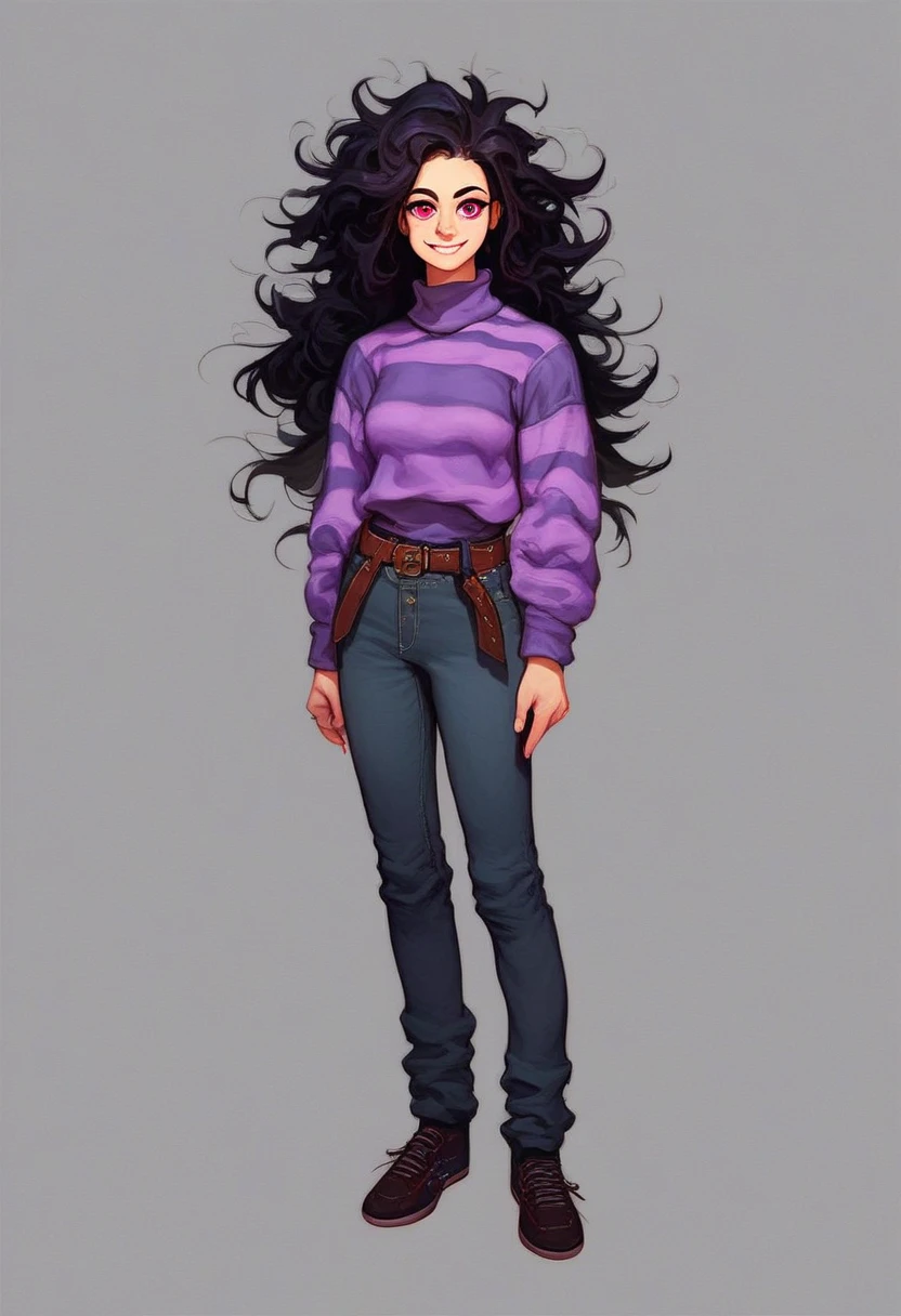 sarah_henderson, solo, long hair, smile, simple background, shirt, black hair, red eyes, 1girl full body, striped, belt, pants, pink eyes, grey background, sweater, messy hair, purple sweater, source