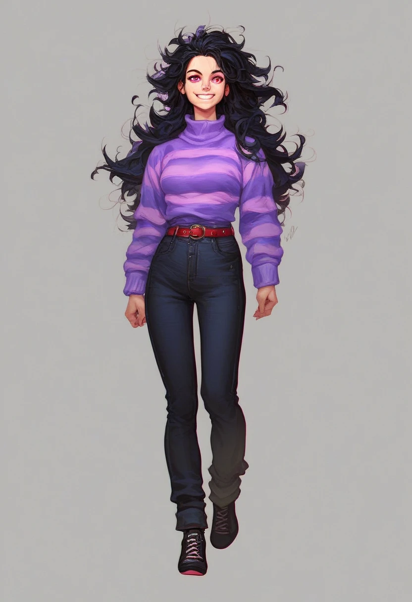 sarah_henderson, solo, long hair, smile, simple background, shirt, black hair, red eyes, 1girl full body, striped, belt, pants, pink eyes, grey background, sweater, messy hair, purple sweater, source