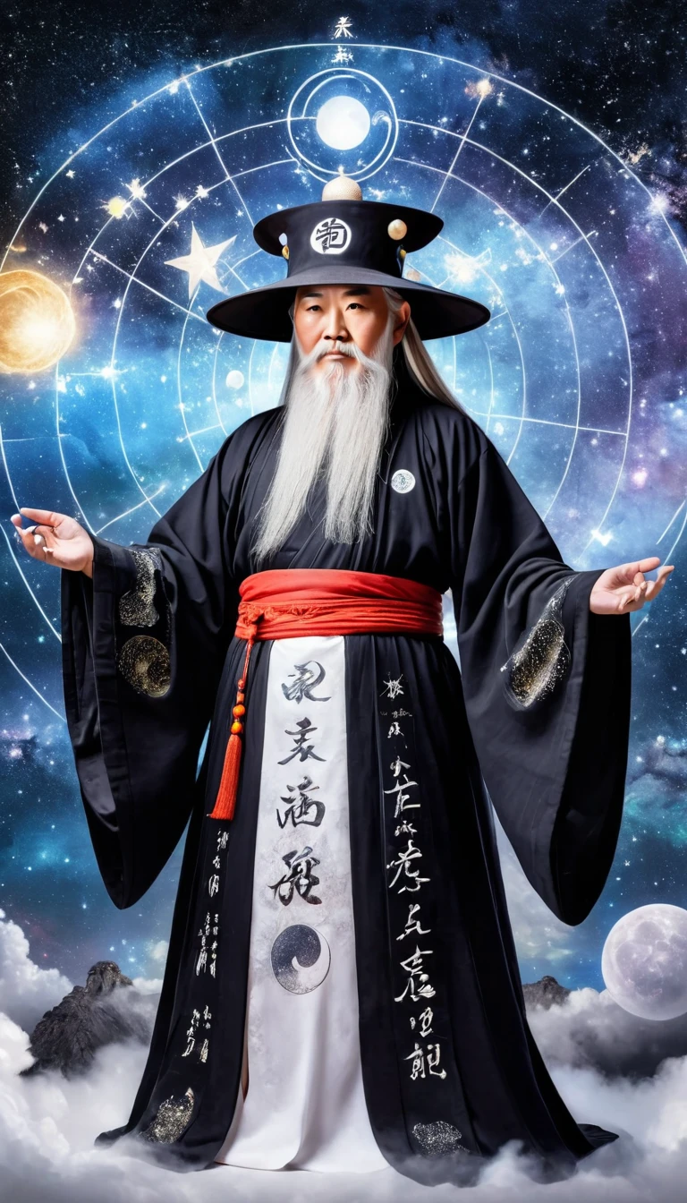 China，China，Oriental Fortune Teller，The old immortal on the top of the stars，Elders，White beard and long white eyebrows，（Wear an official hat，Kongming Hat），Black loose hanfu robe，Looking at the stars，Galaxy Tai Chi Bagua Diagram，artistic conception，large quantities of，Runes，Luminescence，Dream
