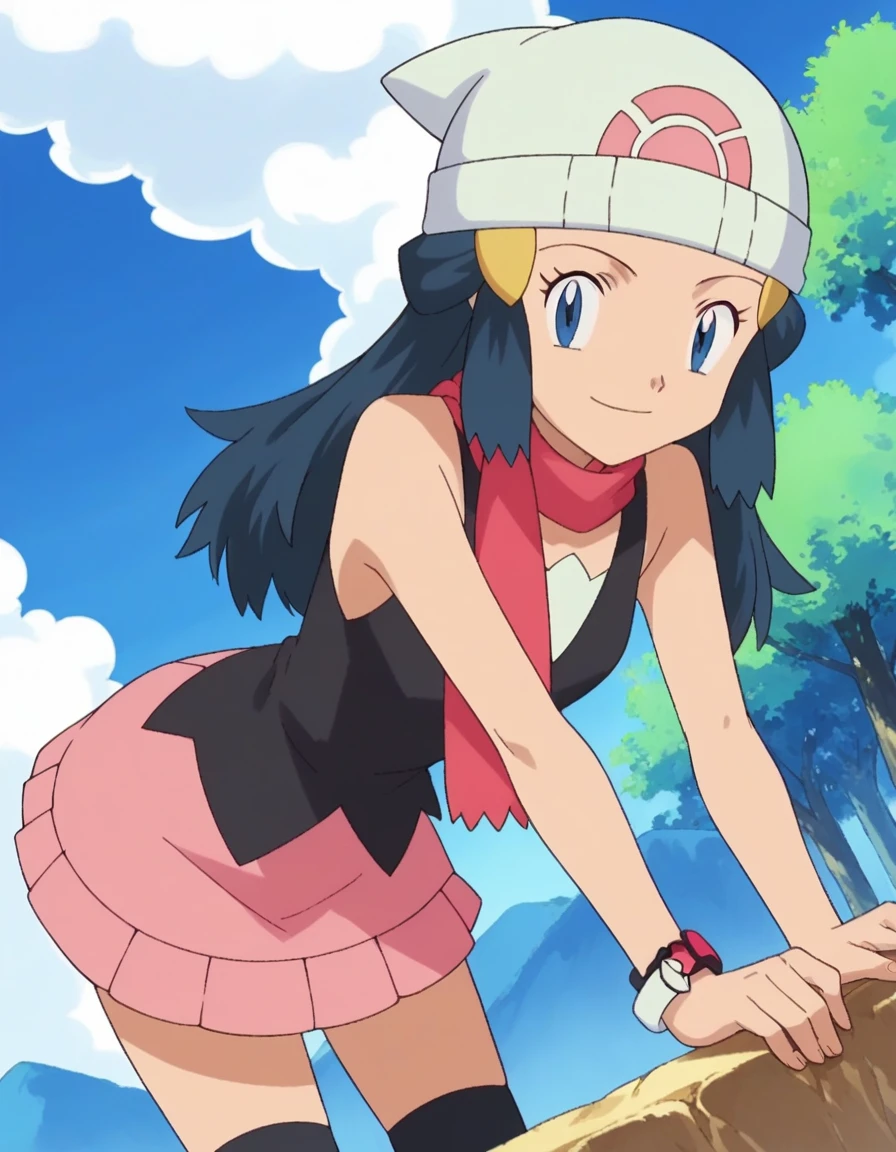 score_9, score_8_up, score_7_up, source_anime, pokemondawn, pokemon dawn, black hair, blue eyes, sidelocks, long hair,, bare shoulders, beanie, black shirt, black socks, bracelet, hat, jewelry, kneehighs, miniskirt, pink skirt, red scarf, scarf, shirt, skirt, sleeveless, sleeveless shirt, white headwear,, landscape, bent over, smile, looking at viewer, solo, cowboy shot, dutch angle