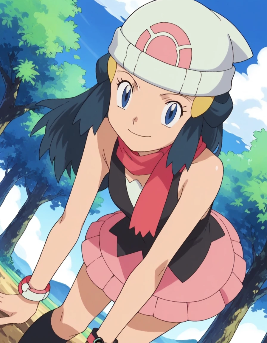 score_9, score_8_up, score_7_up, source_anime, pokemondawn, pokemon dawn, black hair, blue eyes, sidelocks, long hair,, bare shoulders, beanie, black shirt, black socks, bracelet, hat, jewelry, kneehighs, miniskirt, pink skirt, red scarf, scarf, shirt, skirt, sleeveless, sleeveless shirt, white headwear,, landscape, bent over, smile, looking at viewer, solo, cowboy shot, dutch angle