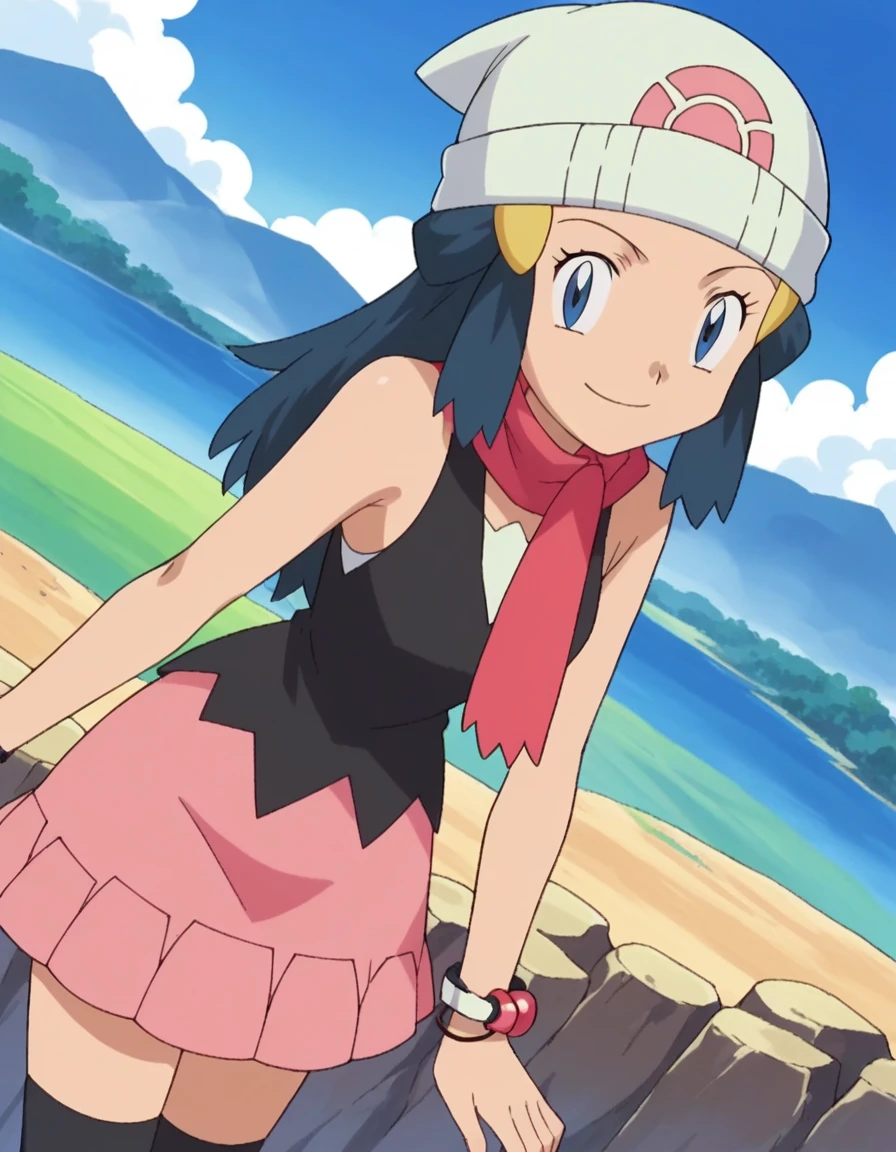 score_9, score_8_up, score_7_up, source_anime, pokemondawn, pokemon dawn, black hair, blue eyes, sidelocks, long hair,, bare shoulders, beanie, black shirt, black socks, bracelet, hat, jewelry, kneehighs, miniskirt, pink skirt, red scarf, scarf, shirt, skirt, sleeveless, sleeveless shirt, white headwear,, landscape, bent over, smile, looking at viewer, solo, cowboy shot, dutch angle