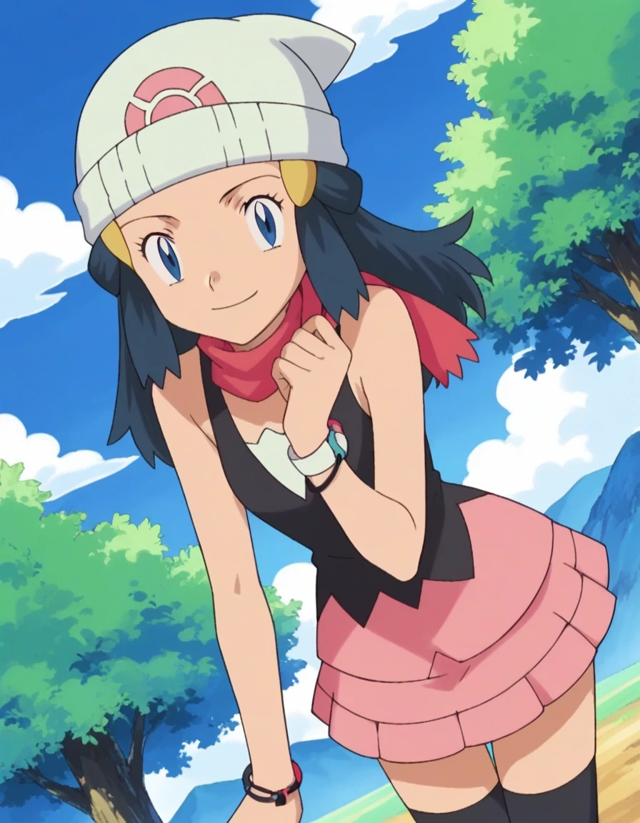 score_9, score_8_up, score_7_up, source_anime, pokemondawn, pokemon dawn, black hair, blue eyes, sidelocks, long hair,, bare shoulders, beanie, black shirt, black socks, bracelet, hat, jewelry, kneehighs, miniskirt, pink skirt, red scarf, scarf, shirt, skirt, sleeveless, sleeveless shirt, white headwear,, landscape, bent over, smile, looking at viewer, solo, cowboy shot, dutch angle