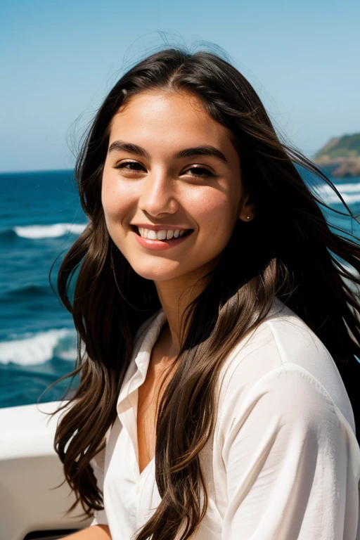 jeep , next to a girl, smile, beautiful long hair detailing face on the sea coast,Sun,Waves on the sea