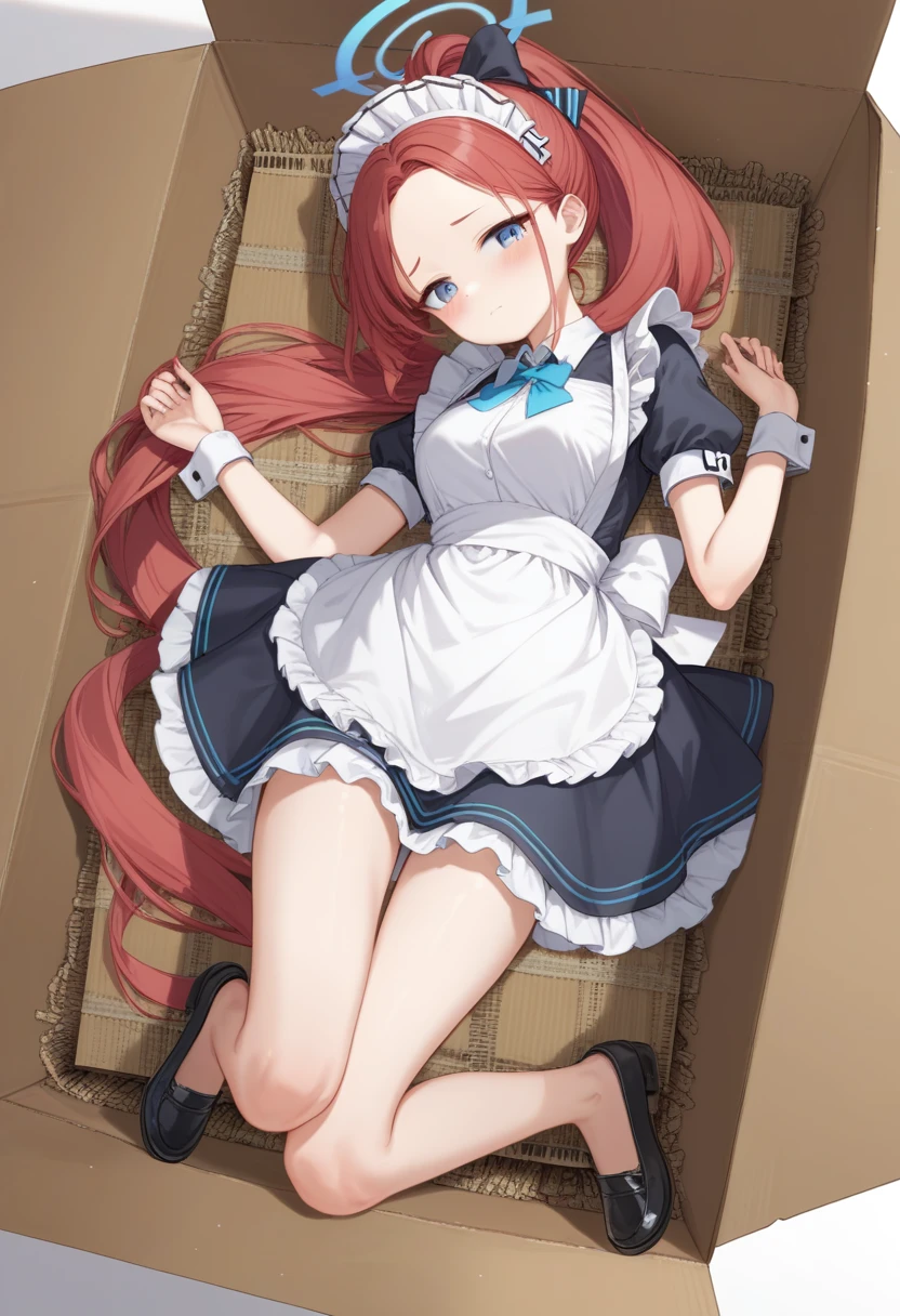 score_9, score_8_up, score_7_up, source_anime, Idealized Forms, Natural Light, details background, blurry background, extremely detailed, anime anime girl laying in a cardboard box with bow and dress, 1girl, solo,yuzu(blue archive),long hair, forehead, apron, bow, halo, red hair, short sleeves, cardboard box, blush, shirt, box, blue eyes, maid, white shirt, puffy sleeves, hair bow, frills, closed mouth, maid, maid headdress, very long hair, forehead, dress, puffy sleeves, alternate costume, white apron, black footwear, holding, ponytail, shoe