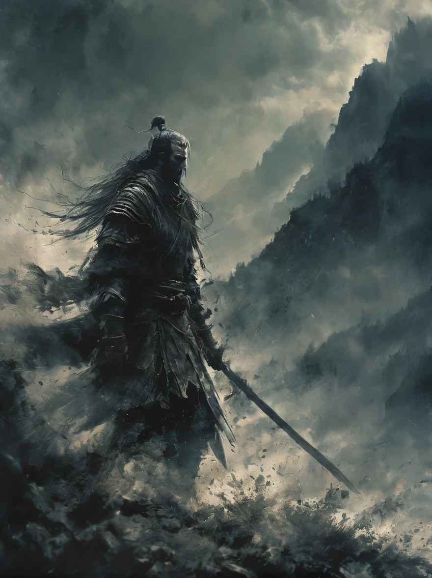a battle-worn warrior in black armor, muscular male figure, dramatic lighting, dark moody atmosphere, highly detailed, cinematic, epic, concept art style