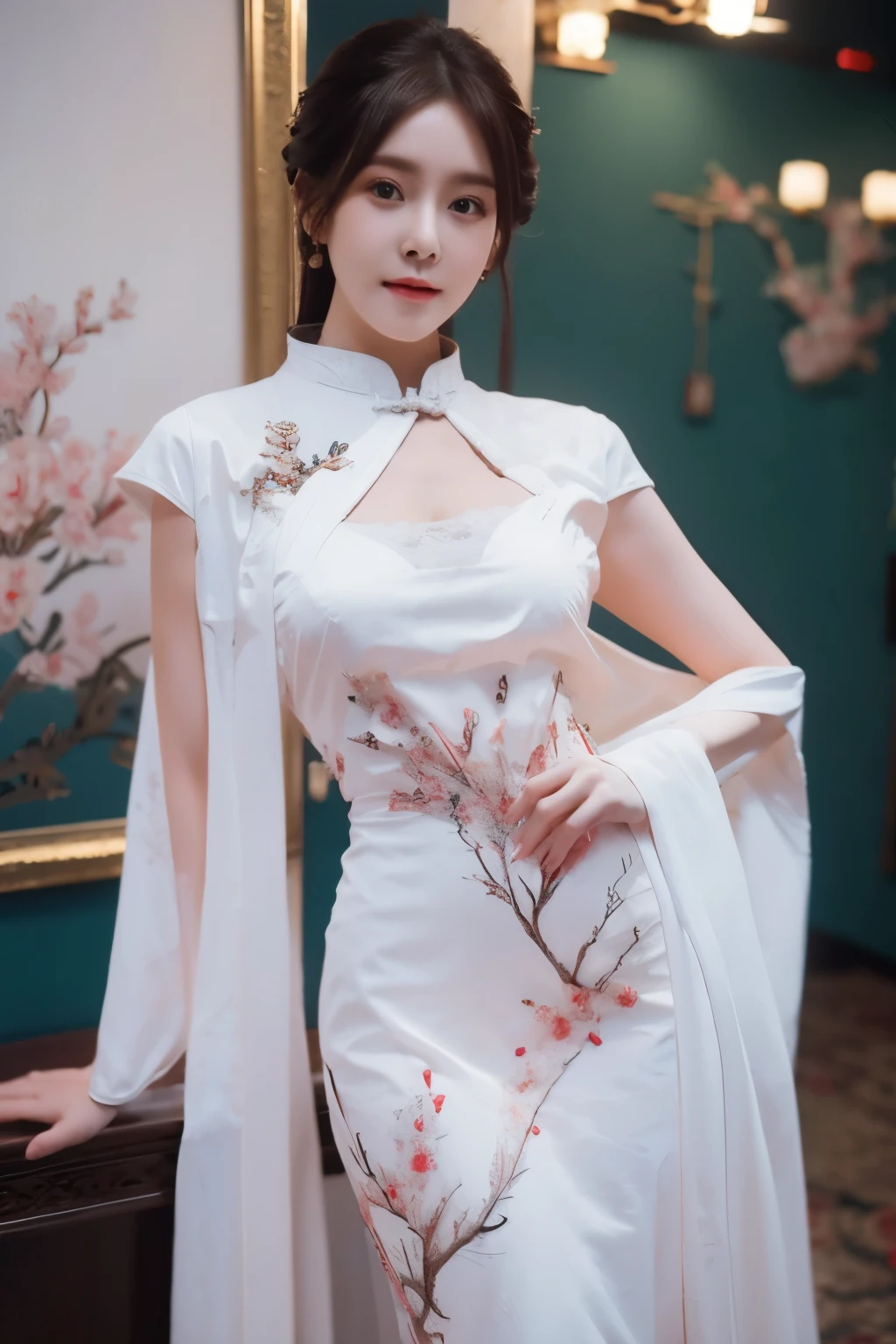 1 beautiful woman with perfect body, layered hairstyle, prominent cleavage, highly detailed face and skin texture, double eyelids, fair skin, long hair, beautiful long legs, (Hanfu) standing beside the sea, best quality, 4k, 8k, highres, masterpiece:1.2, ultra-detailed, realistic, photorealistic, photo-realistic:1.37, HDR, UHD, studio lighting, ultra-fine painting, sharp focus, physically-based rendering, extreme detail description, professional, vivid colors, bokeh, portrait