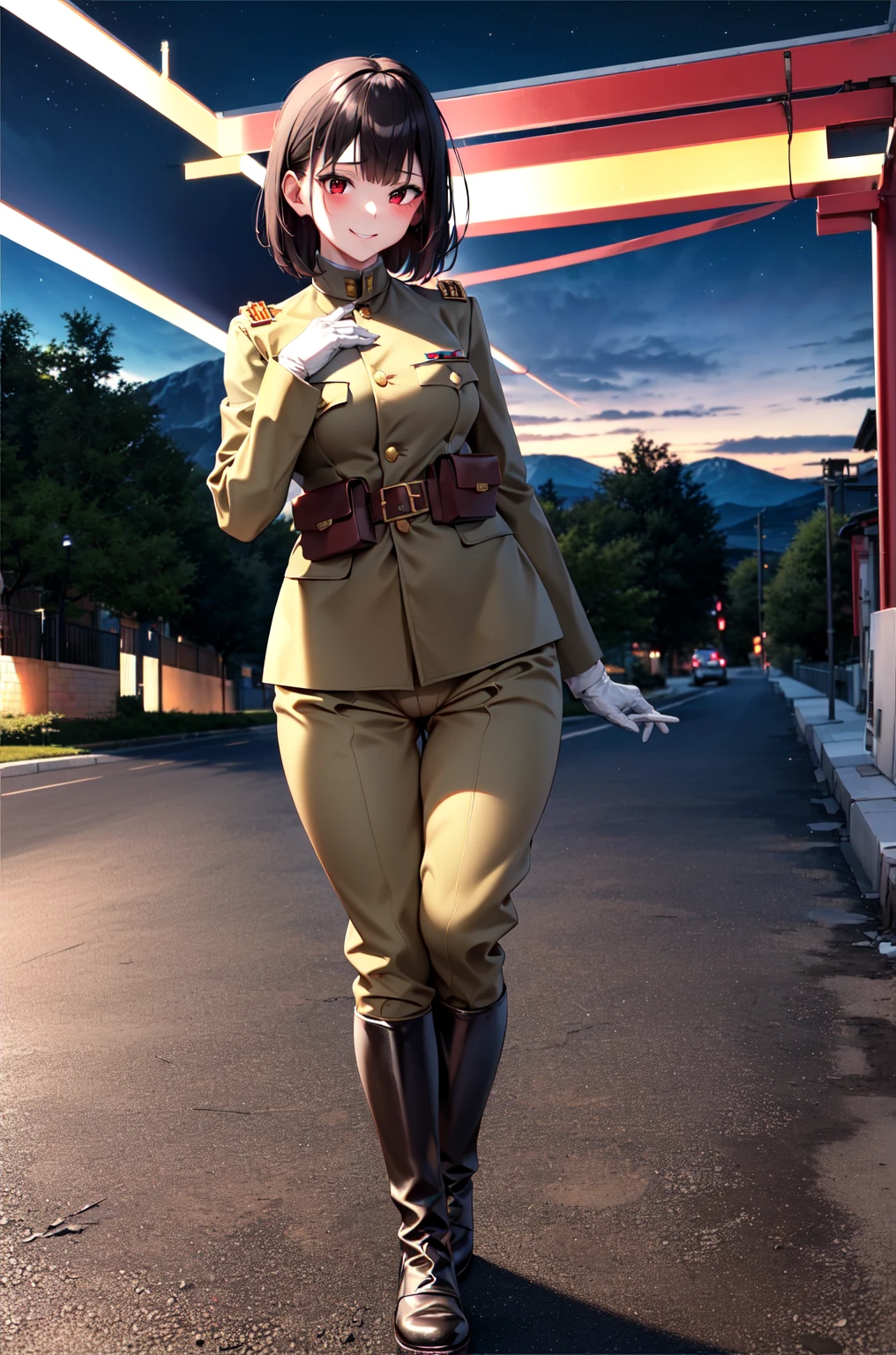 masterpiece, Highest quality, Absurd, High resolution, Very detailed, One Girl, alone, Cowboy Shot, ((IJA Taisho, Khaki uniform, Combatant,Golden Sling,General Positions, 左chestにメダル,)),Black long boots,medium chest,  chest,  Tight waist,  Black Hair,  Blunt bangs, Red eyes, Conceit,Wicked Smile,  White gloves, holster, Leather Belt Pouch, countryside, Ruined streets, combustion, Night Sky, battlefield, crater,chestをはだけさせる、Attractive face、Expand the vagina with both hands,Pussy,Pussy,(Fellatio gestures),In the mountains