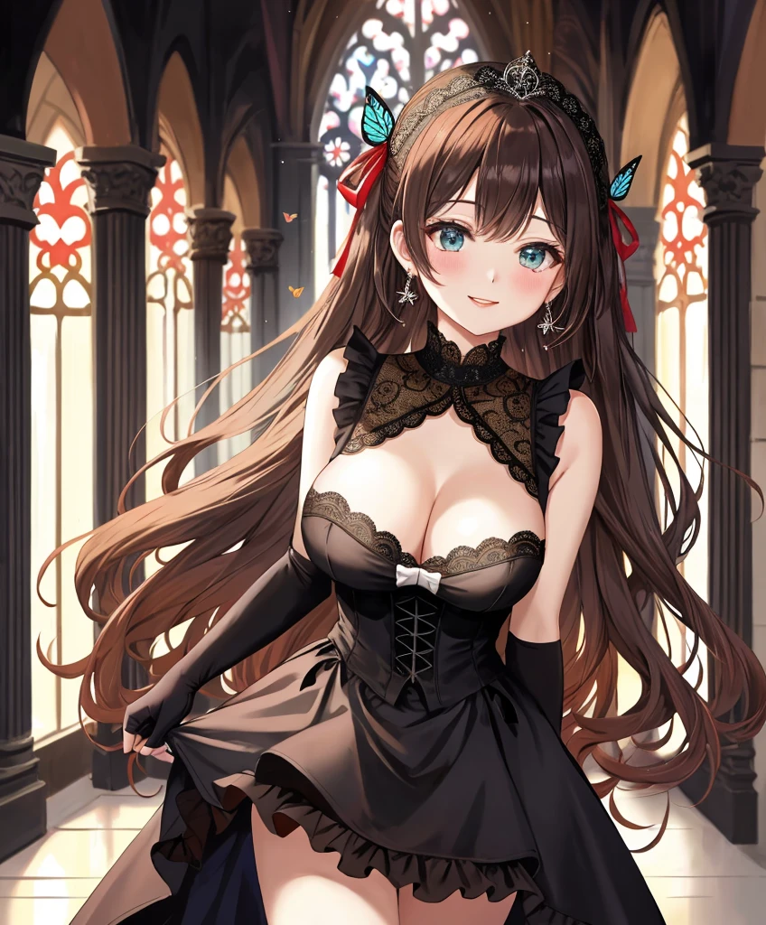 1 beautiful girl, walking in a hallway of a gothic church, elegant sleeveless dress, beautiful red-black dress, gothic style dress, long elegant transparent gloves, red high heels, ruby ring on the right index finger, low-cut chest, short skirt with ruffles, long black stockings above the knees with lace, brown hair, bangs, hair behind ear, hair over shoulder, long hair, side swept bangs, wavy hair, hair one side up, expressive hair, shiny hair, hair ribbon, hair ornament, jewelry, butterfly hair ornament, ta hairband, heart earring, aqua eyes, glowing eyes, pupils sparkling, bright pupils, smile, fingersmile, seductive smile, red lips, big round breasts, full and detailed body, perfect body, butterflies around, upskirt, white panties, high detail, interior architecture, anime style, Romanticism, Gothic art, dithering, first-person view, from below, perspective, Wide-Angle, f/1.8, 85mm, Sony FE, 8k, super detail, UHD, masterpiece, accurate, anatomically correct, high quality, highres, textured skin