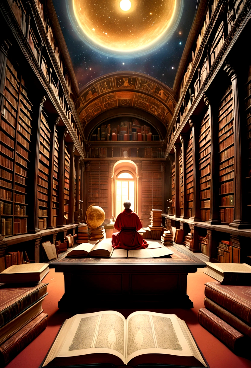 (Astrologer), An astrologer is studying star maps in an ancient library, surrounded by dusty books and complex astrologers. The scene is full of mystery and knowledge, full body, (Photography), panoramic view, award-winning, cinematic still, emotional, vignette, dynamic, vivid, (masterpiece, best quality, Professional, perfect composition, very aesthetic, absurdres, ultra-detailed, intricate details:1.3)