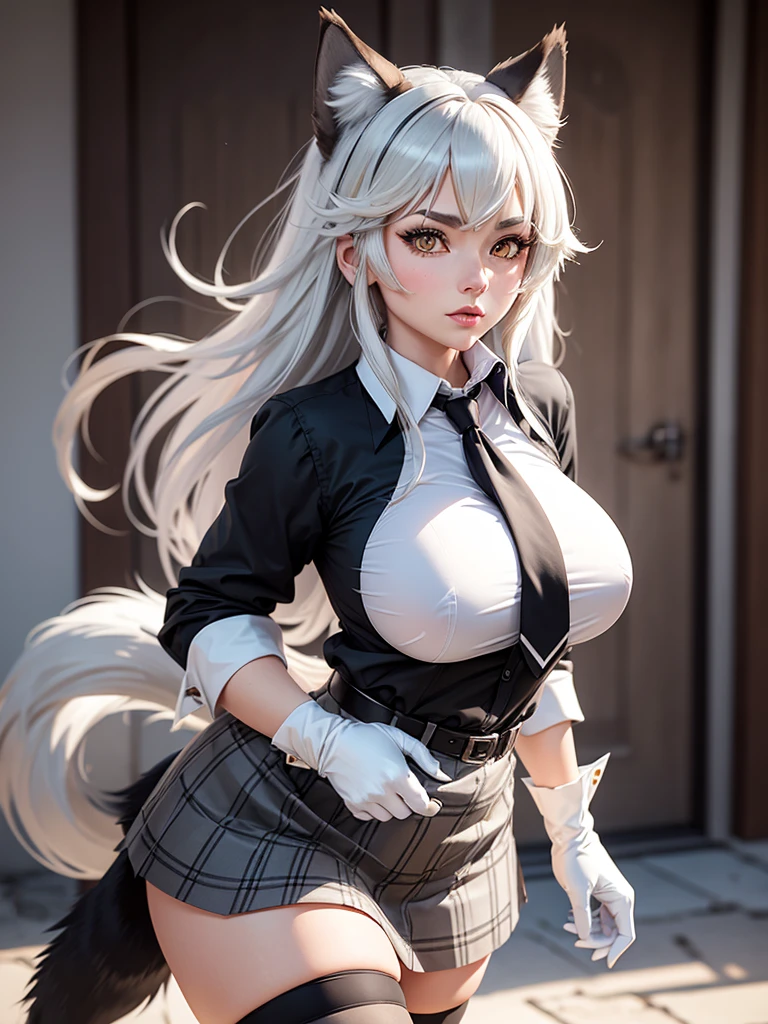 grey wolf \(kemono friends\), adult woman, two-tone hair, long hair, large breasts, wolf ears, heterochromia, wolf tail, fur collar, collared shirt, black shirt, breast pocket, plaid necktie, plaid skirt, pleatedskirt, wearing white gloves, stockings, fur-trimmed boots. (She grabbing her breast's with her white gloves ),