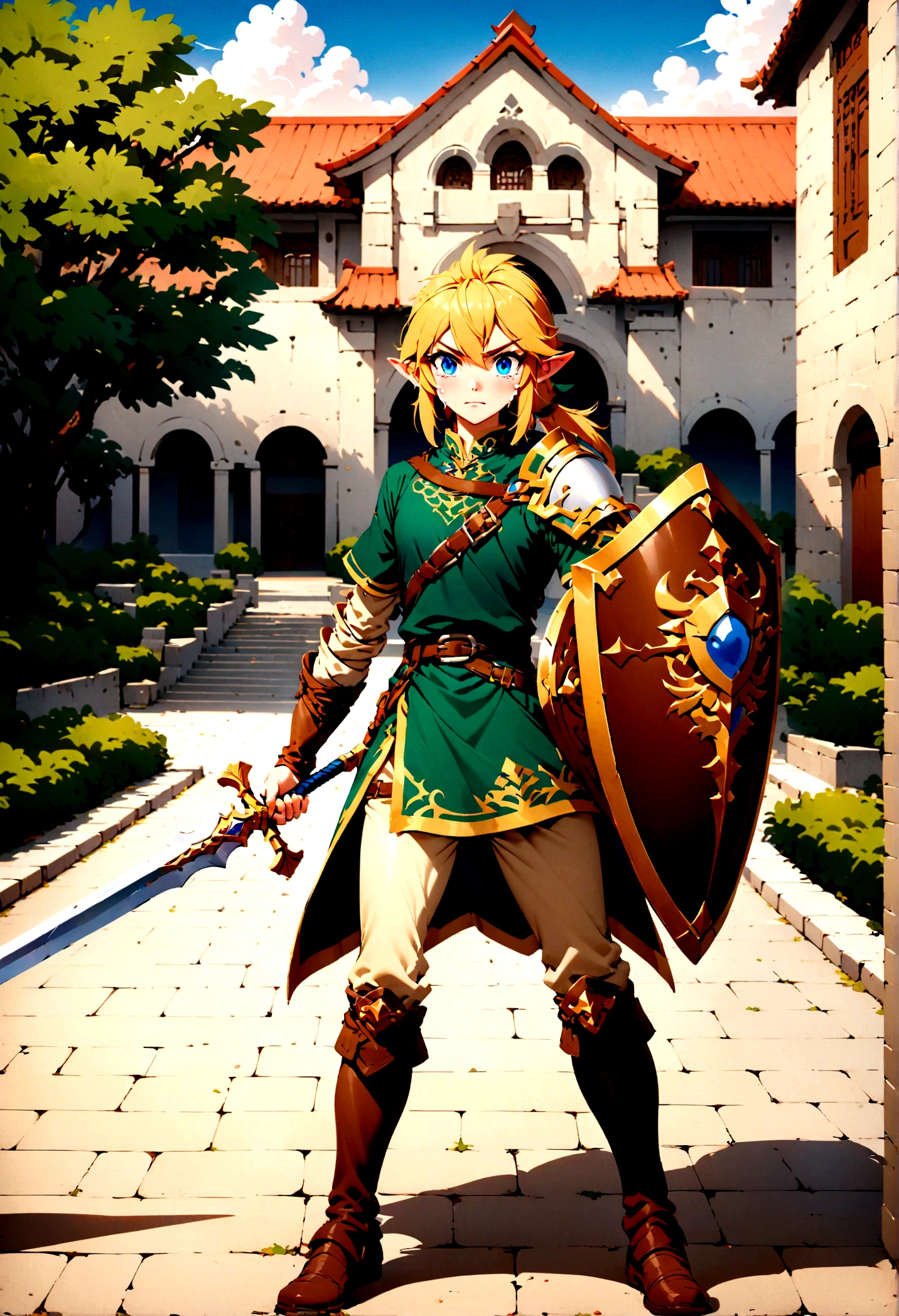 Link from Zelda tears of the Kingdom holding his sword and shield, standing in a Chinese college campus