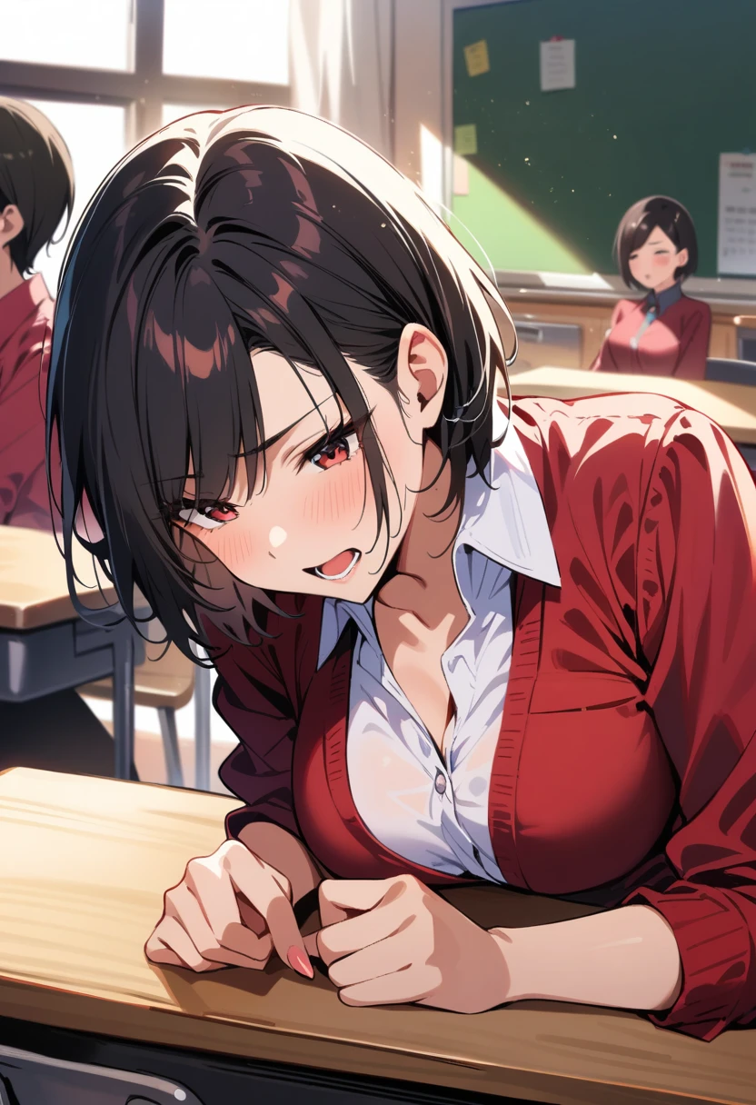 masterpiece, best quality, very aesthetic, absurdres,1girl, ,ada wong(resident evil), 1girl, short hair,black hair, hair behind ear,red dress,,cunnilingus_gesture,in classroom,blur background,background defocus