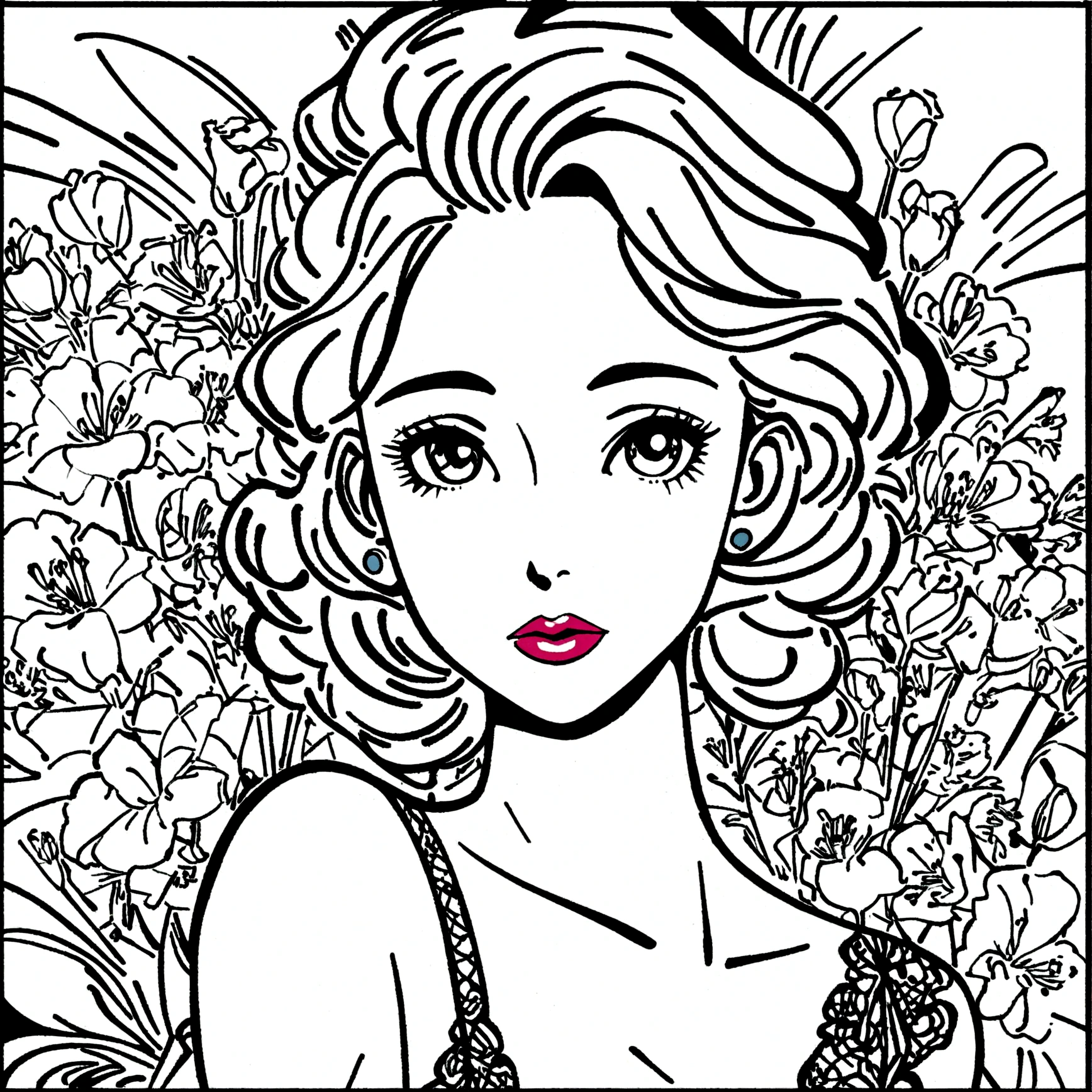 Black and white stick figure 1 girl with carnations flower in background,  in dress with flowers, its fine ink line art, comic style, portrait of ploynesian girl, Marilyn Munroe, Hollywood glam, beautiful line art, black and white comic style, manga style, manga art style, pencil and ink caricature drawing, black and white coloring