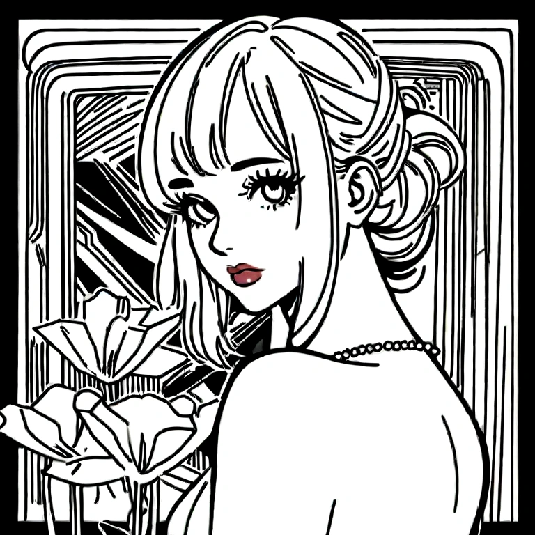 Black and white stick figure 1 girl with carnations flower in background,  in dress with flowers, its fine ink line art, comic style, portrait of ploynesian girl, Marilyn Munroe, Hollywood glam, beautiful line art, black and white comic style, manga style, manga art style, pencil and ink caricature drawing, black and white coloring