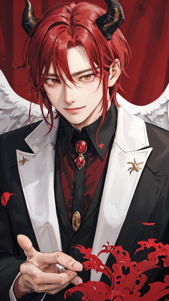 1man, 20 year's old man, portrait, angelic appearance, solo, male focus, red color hair, horns, black horns, tidy and clean hair, fair skin, Golden eyes, neat attire, well groomed, gentle expression, elegant smiled, beautiful handsomely, eye bags, demon, demon king, demon aura, dragonian man, Lucifer pose, Lucifer 