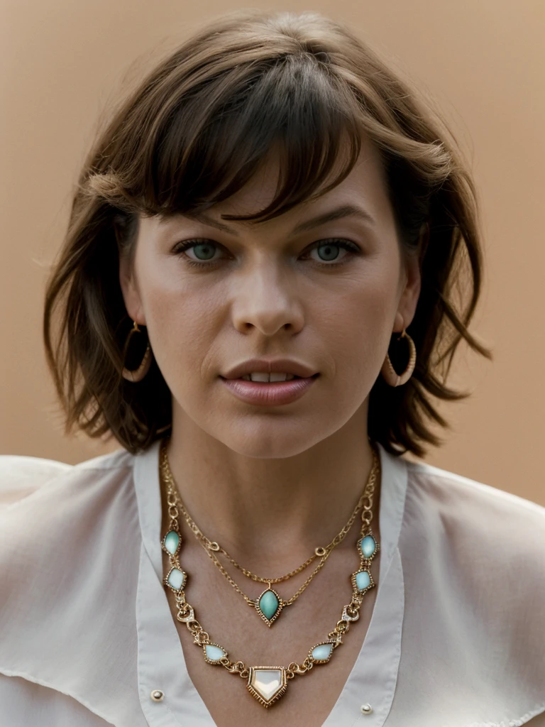 A beautiful m1ll4j woman, 11girl,solo,looking at viewer,short hair,simple background,brown hair,white background,brown eyes,jewelry,teeth,necklace,lips,portrait,realistic,soft lighting, professional Photography, Photorealistic, detailed, RAW, analog, sharp focus, 8k, HD, high quality, masterpiece