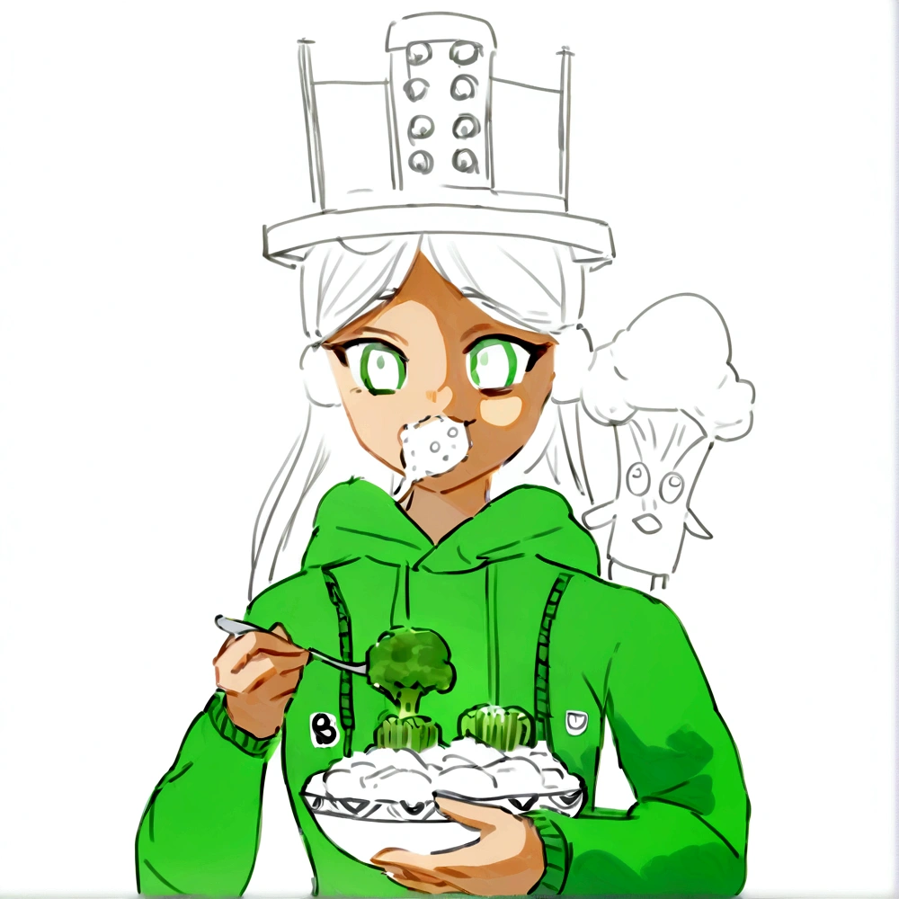 Girl eating broccoli with a spoon and has a green jacket and a tiny broccoli on her right shoulder while holding a bowl of broccoli and she also has a black hair. Shade the jacket too. Please