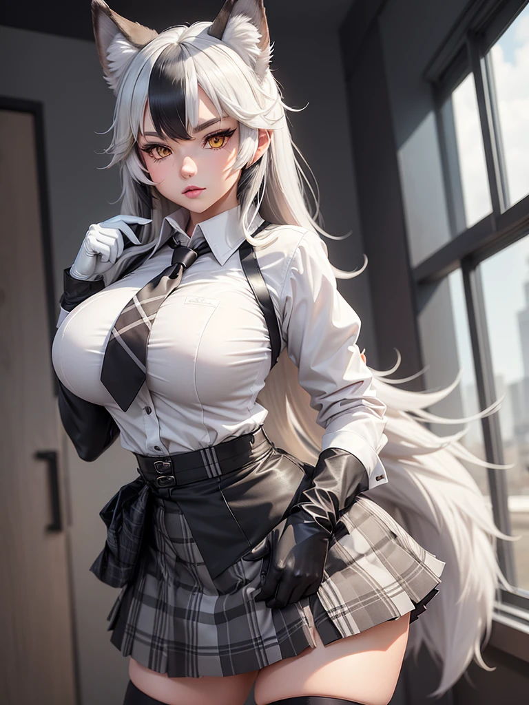 grey wolf \(kemono friends\), adult woman, two-tone hair, long hair, large breasts, wolf ears, heterochromia, wolf tail, fur collar, collared shirt, black shirt, breast pocket, plaid necktie, plaid skirt, pleatedskirt, wearing white gloves, stockings, fur-trimmed boots. (She grabbing her with her white gloves)