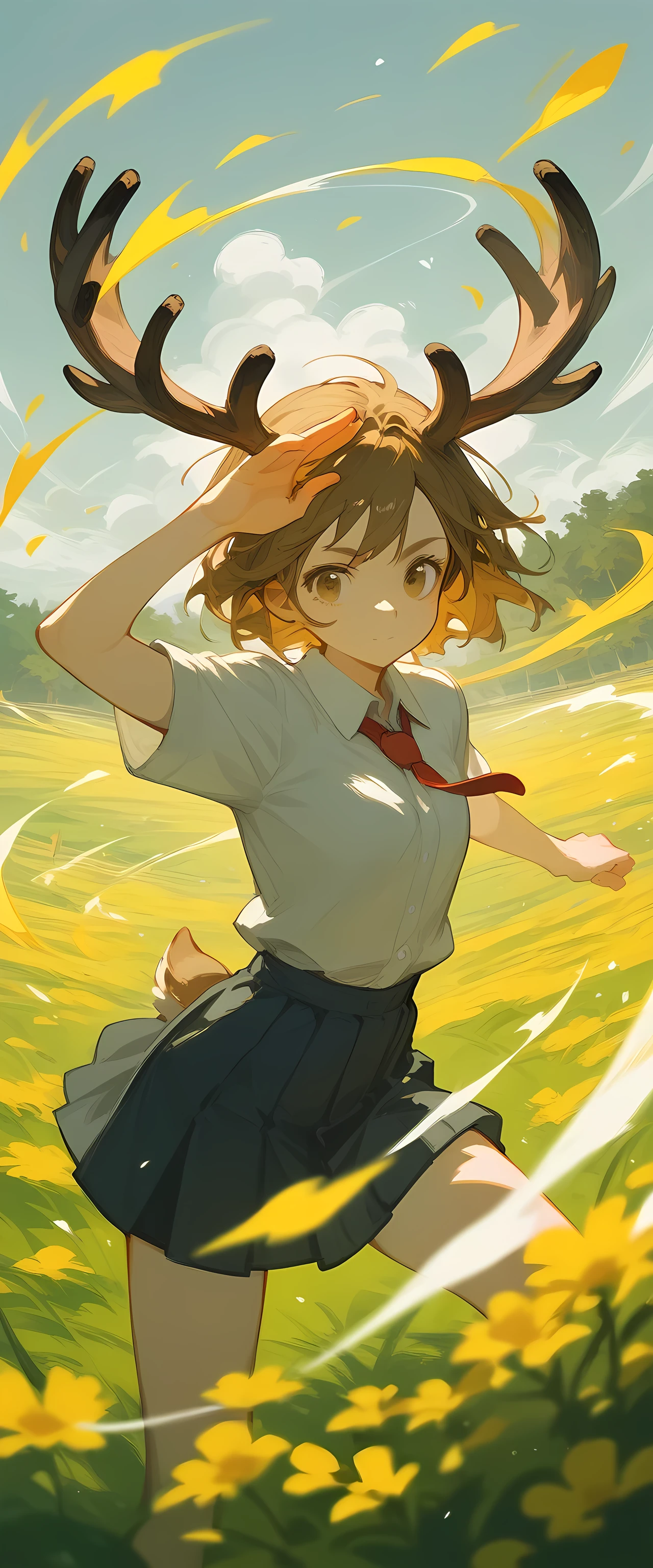 A girl with deer antlers, short brown hair who fights with a girl with long yellow hair with bare hands in a school field with a dynamic pose,anime art