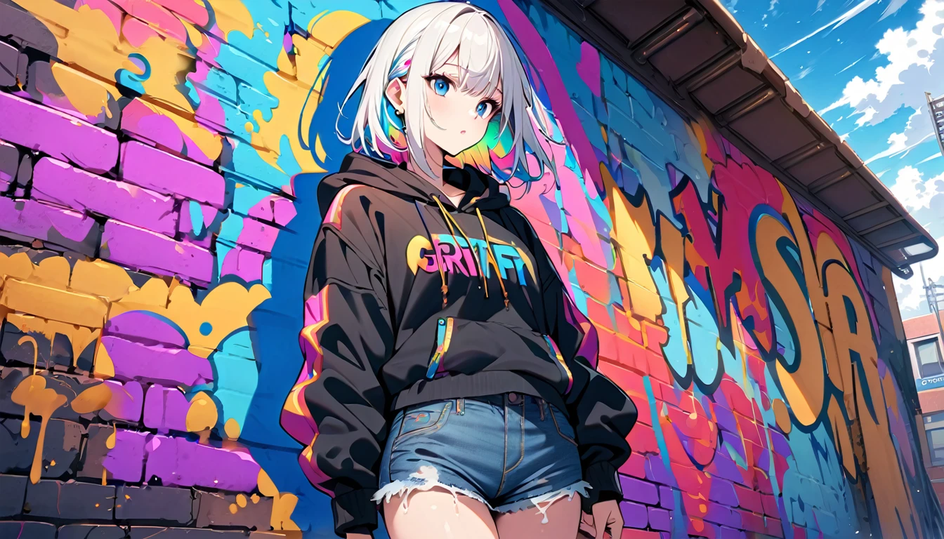 HD 8k Handsome sexy cute, Solitary, 1 female, Medium Length Hair, white hair, Rainbow hair, blue Eyes, Rainbow headphone, hoodie, colored hoodie, black Trucker Hat, hip-hop style big hooded jacket denim shorts, sneakers, Human focus, outdoor, blue sky, White clouds, graffiti Popularity spray art wall,
