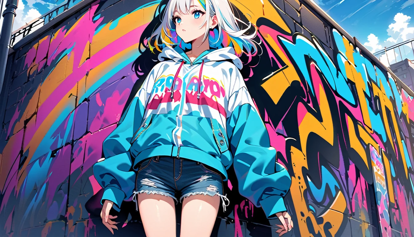 HD 8k Handsome sexy cute, Solitary, 1 female, Medium Length Hair, white hair, Rainbow hair, blue Eyes, Rainbow headphone, hoodie, colored hoodie, black Trucker Hat, hip-hop style big hooded jacket denim shorts, sneakers, Human focus, outdoor, blue sky, White clouds, graffiti Popularity spray art wall,