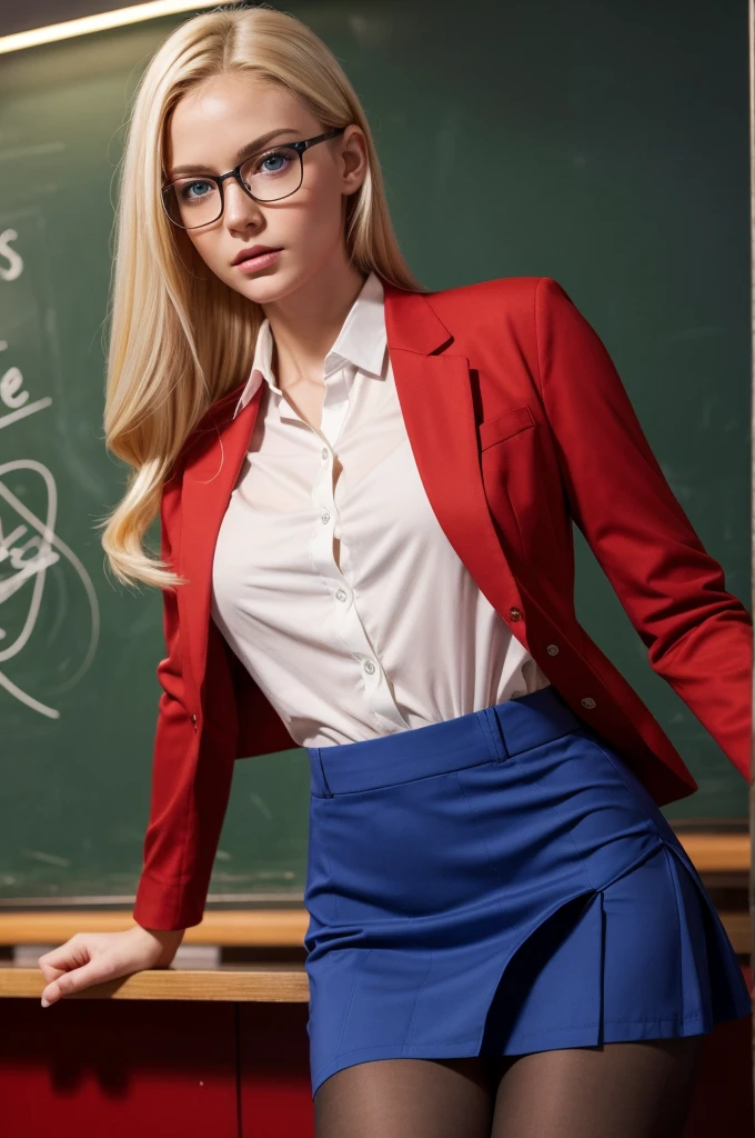 An ultra-high picture quality, Super Detail, 超A high resolution, perfect beautiful female, White shiny single hair pan, Pulled hair, Big blue eyes, Glasses, Red seductive moist big thick lips, Amorous expression, lewd expression, perfectly proportions, slender, (Red suit, Shirt, Red jacket, Red Tight Skirt, Black pantyhose), Proudly stand in front of the blackboard, crass room, Professional Lighting