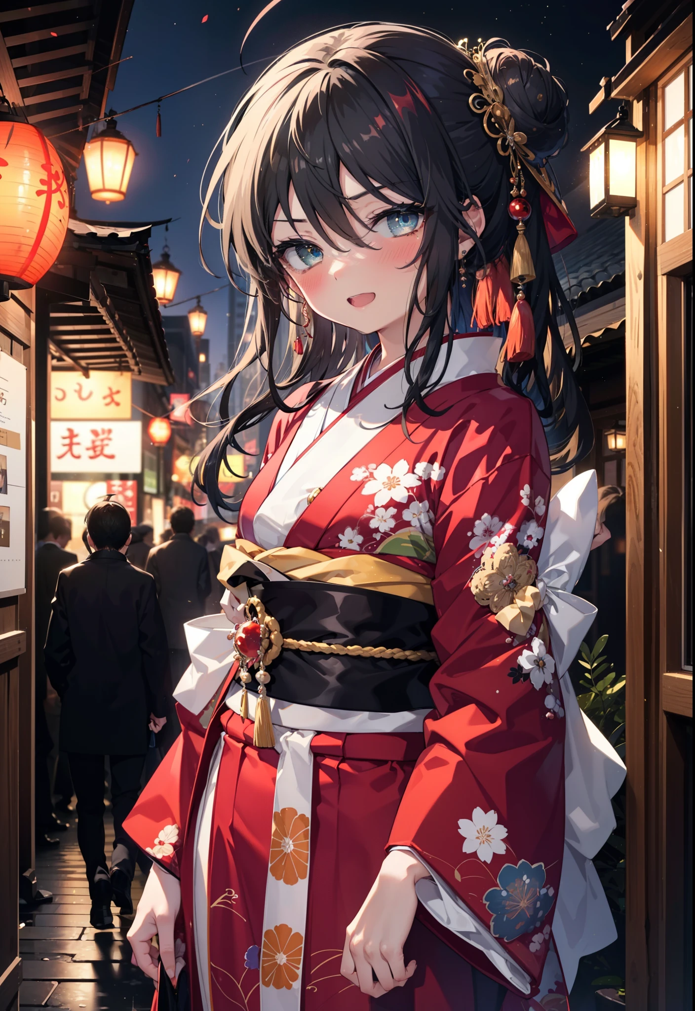 Shana,灼眼のShana,Long Hair, Red hair,Red eyes,Ahoge,smile,blush,Open your mouth,Hair Bun, single Hair Bun,blush,Red Kimono,Thick sleeves,Red long skirt,日本のfestival,夏festivalの屋台,Red lantern,So that the whole body goes into the illustration,Walking, break looking at viewer, Upper Body (Cowboy Shot:1. 5), break outdoors, shrine,festival, break (masterpiece:1.2), Highest quality, High resolution, unity 8k wallpaper, (shape:0.8), (Beautiful and beautiful eyes:1.6), Highly detailed face, Perfect lighting, Highly detailed CG, (Perfect hands, Perfect Anatomy),