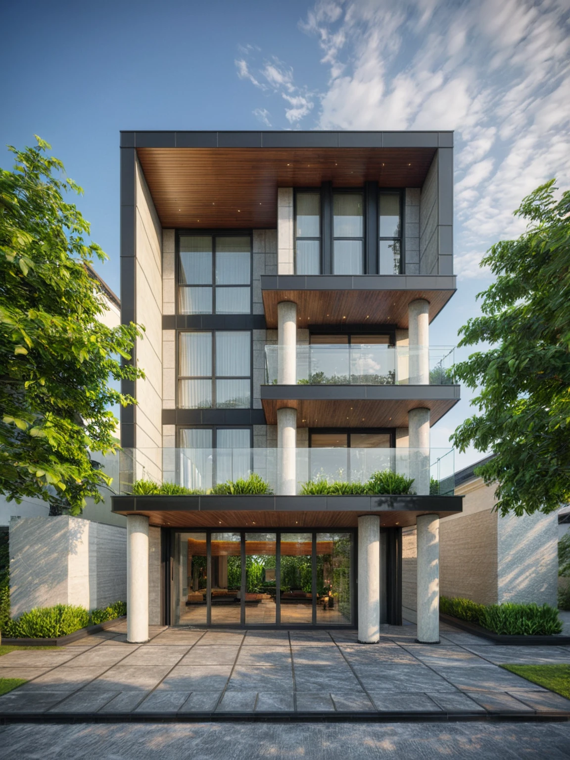 modern villa on street, (daylight), tropical tree, (slope roof, black tiled roof:1.2), vivid color, streetcapes, nice sky, grey tone, large glass door, warm interior lighting, modern material, best quality, ultra realistic, masterpiece, 17ArchiAI_XL_VL-v1