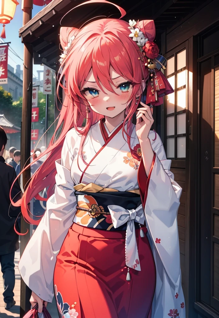 Shana,灼眼のShana,Long Hair, Red hair,Red eyes,Ahoge,smile,blush,Open your mouth,Hair Bun, single Hair Bun,blush,Red Kimono,Thick sleeves,Red long skirt,日本のfestival,夏festivalの屋台,Red lantern,So that the whole body goes into the illustration,Walking, break looking at viewer, Upper Body (Cowboy Shot:1. 5), break outdoors, shrine,festival, break (masterpiece:1.2), Highest quality, High resolution, unity 8k wallpaper, (shape:0.8), (Beautiful and beautiful eyes:1.6), Highly detailed face, Perfect lighting, Highly detailed CG, (Perfect hands, Perfect Anatomy),