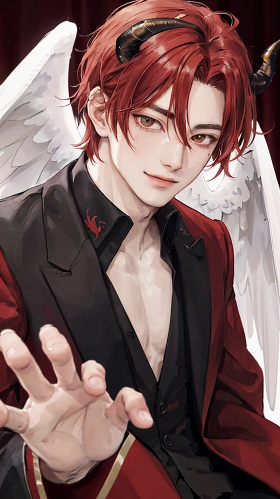 1man, 20 year's old man, portrait, angelic appearance, solo, male focus, red color hair, horns, black horns, tidy and clean hair, fair skin, Golden eyes, neat attire, well groomed, gentle expression, elegant smiled, beautiful handsomely, eye bags, demon, demon king, demon aura, dragonian man, Lucifer pose, Lucifer, half bodies shoot, 