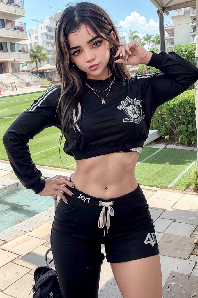 realistic standing pose, 4k, full body, instagram pose, smiling, cropped hair, soccer shirt, super big ass, black panties, eyes and face just like LoRA, perfect hips, super perfect waist, a man gives her a kiss, hair same as LoRA, face same as LoRA, eyes same as LoRA,