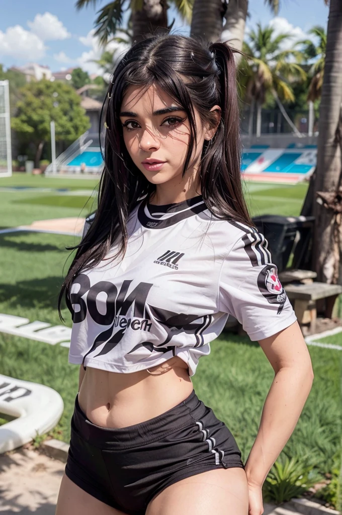 realistic standing pose, 4k, full body, instagram pose, smiling, cropped hair, soccer shirt, super big ass, black panties, eyes and face just like LoRA, perfect hips, super perfect waist, a man gives her a kiss, hair same as LoRA, face same as LoRA, eyes same as LoRA,