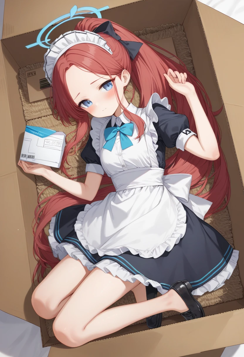 score_9, score_8_up, score_7_up, source_anime, Idealized Forms, Natural Light, details background, blurry background, extremely detailed, anime anime girl laying in a cardboard box with bow and dress, 1girl, solo,yuzu(blue archive),long hair, forehead, apron, bow,yallow halo, red hair, short sleeves, cardboard box, blush, shirt, box, blue eyes, maid, white shirt, puffy sleeves, hair bow, frills, closed mouth, maid, maid headdress, very long hair, forehead, dress, puffy sleeves, alternate costume, white apron, black footwear, holding, ponytail, shoe
