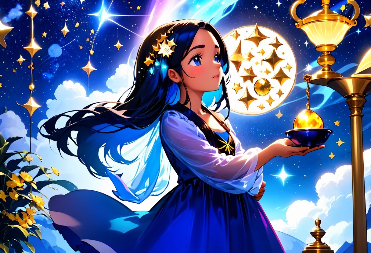 a portrait of an astrologer looking at libra constellation in the night sky, an extraordinary beautiful woman, there is magic in her eyes divining the future from the Libra constellation, dynamic hair color, dynamic hair style, wearing an intricate sapphire dress decorated with glowing stars, she looks to the night sky seeing the ((Libra constellation in the sky: 1.3)), vibrant, Ultra-high resolution, High Contrast, (masterpiece:1.5), highest quality, Best aesthetics), best details, best quality, highres, 16k, [ultra detailed], masterpiece, best quality, (extremely detailed), Cinematic Hollywood Film, magical sky, ladyshadow