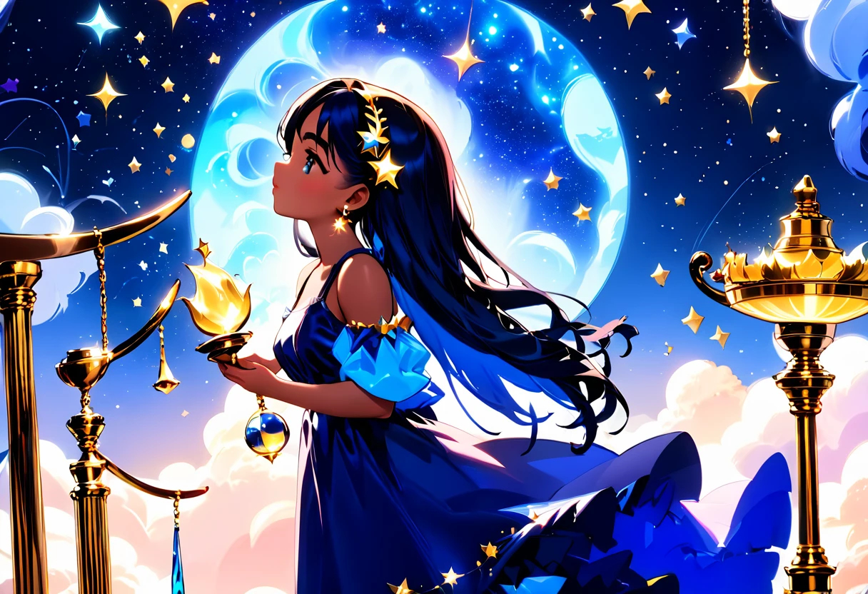 a portrait of an astrologer looking at libra constellation in the night sky, an extraordinary beautiful woman, there is magic in her eyes divining the future from the Libra constellation, dynamic hair color, dynamic hair style, wearing an intricate sapphire dress decorated with glowing stars, she looks to the night sky seeing the ((Libra constellation in the sky: 1.3)), vibrant, Ultra-high resolution, High Contrast, (masterpiece:1.5), highest quality, Best aesthetics), best details, best quality, highres, 16k, [ultra detailed], masterpiece, best quality, (extremely detailed), Cinematic Hollywood Film, magical sky, ladyshadow