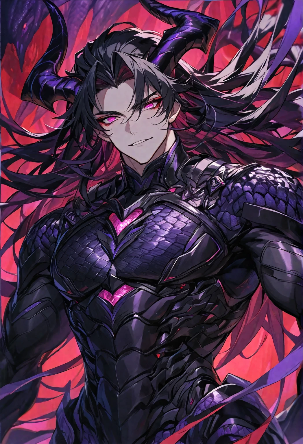 One, handsome, 1 man, with a sporty body, V-shaped body, black detailed armor with glowing purple details, black demonic horns, long hair, black hair, purple with red tones of reptile eyes, purple threads, black light