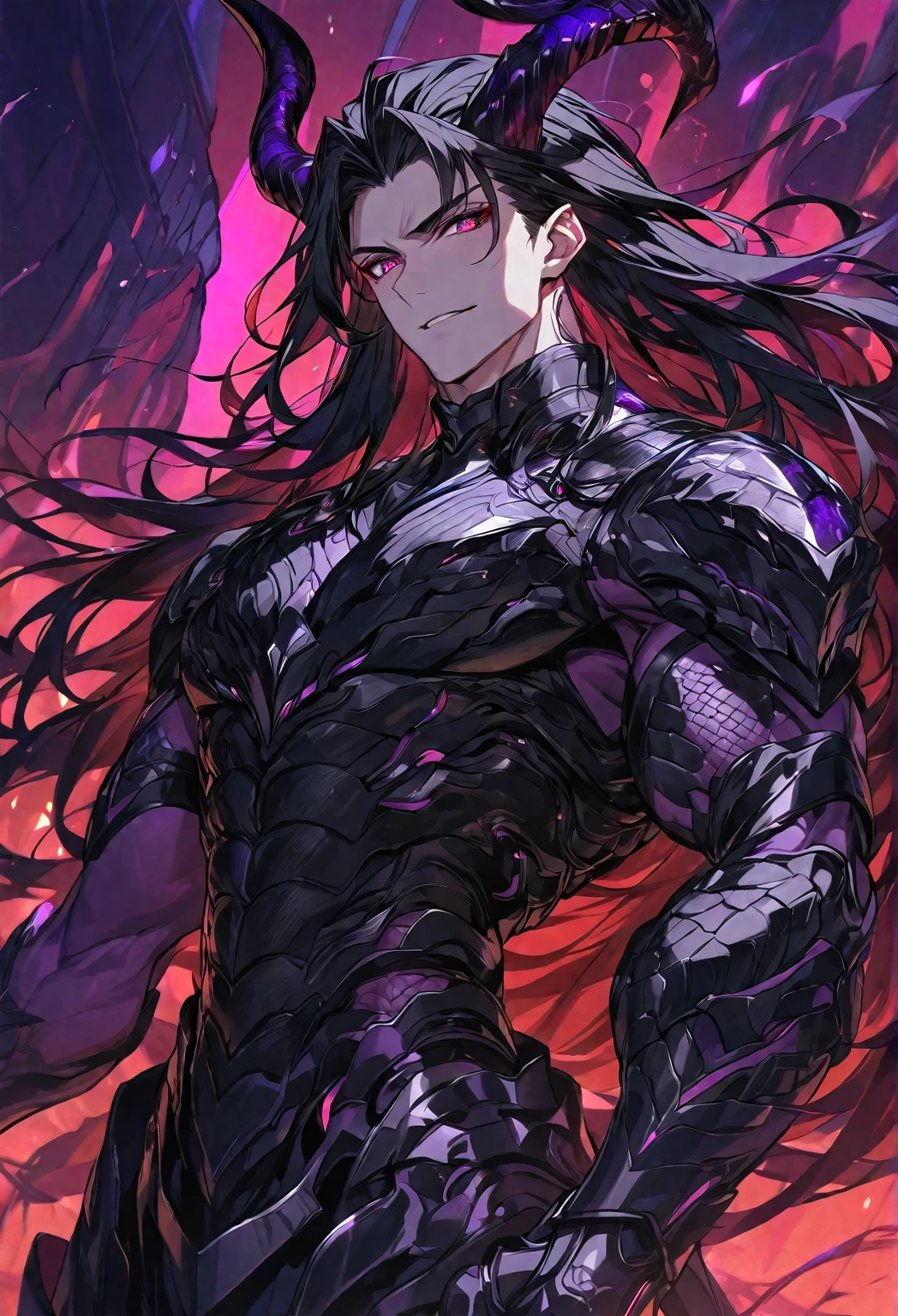 One, handsome, 1 man, with a sporty body, V-shaped body, black detailed armor with glowing purple details, black demonic horns, long hair, black hair, purple with red tones of reptile eyes, purple threads, black light