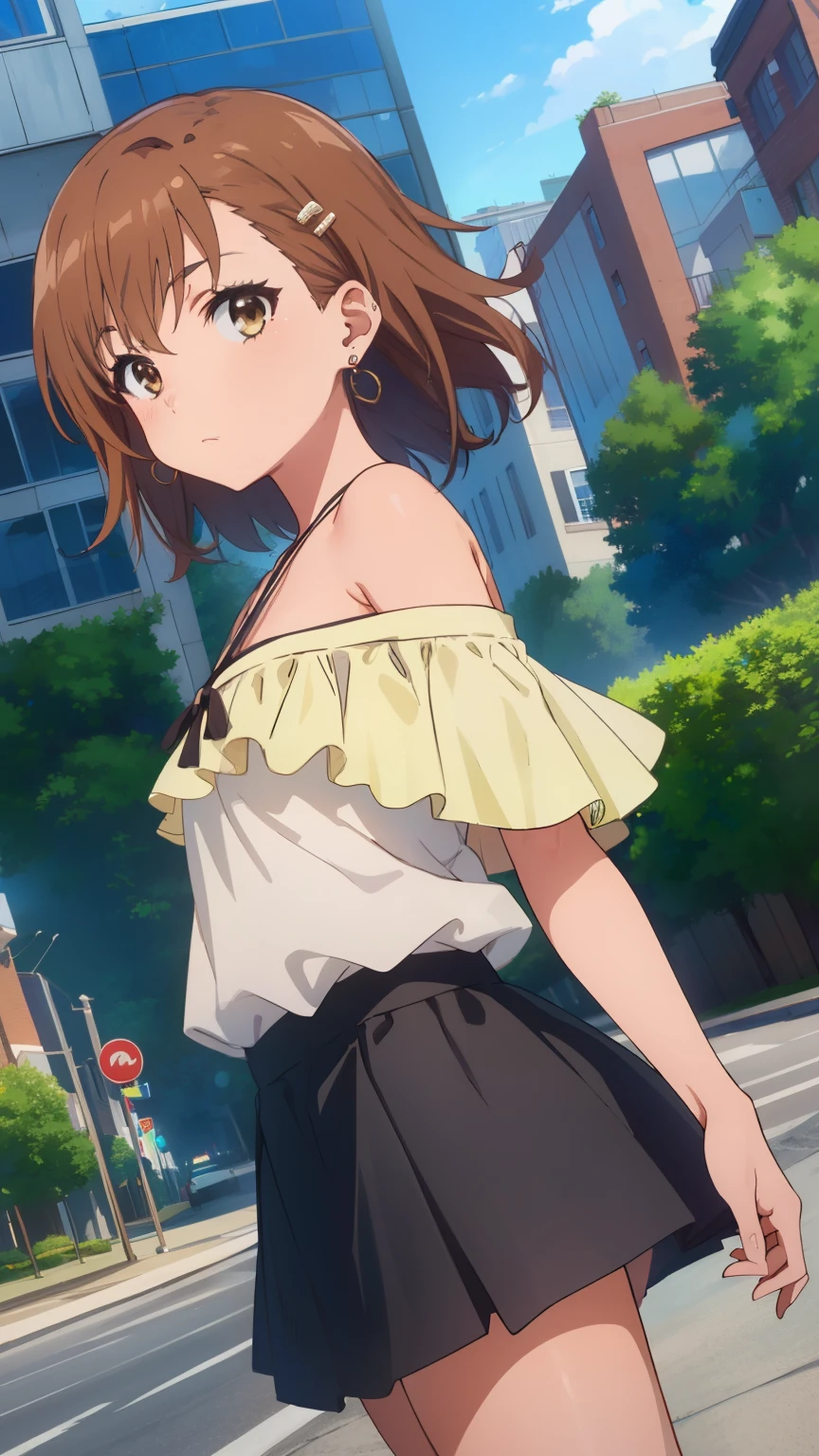 (masterpiece, best quality, 8k:1.2),Very detailed, (anime:1.1), misaka_mikoto, brown hair, medium hair, hairpin, small medium breasts, 1girl, (lime green off-the-shoulder, miniskirt, earrings, city), dutch angle, looking at viewer,