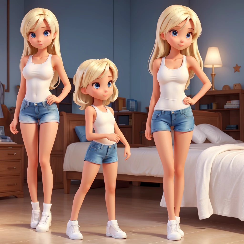 Extremely young and very y perfect body girl wearing skin tignk top and skin tight denim short shorts with long tanned legs