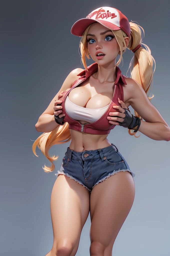 (masterpiece), best quality, expressive eyes, perfect face, highres, (8k), (perfect face), (ultra details), 1 girl, solo, terry bogard girl, blonde hair, ponytail, blue eyes, long hair, baseball cap, fingerless gloves, denim shorts, shoes, hands on own chest
, blushing, frightened, anguished, open-mouthed, room background, no posing, standing, portrait, looking down