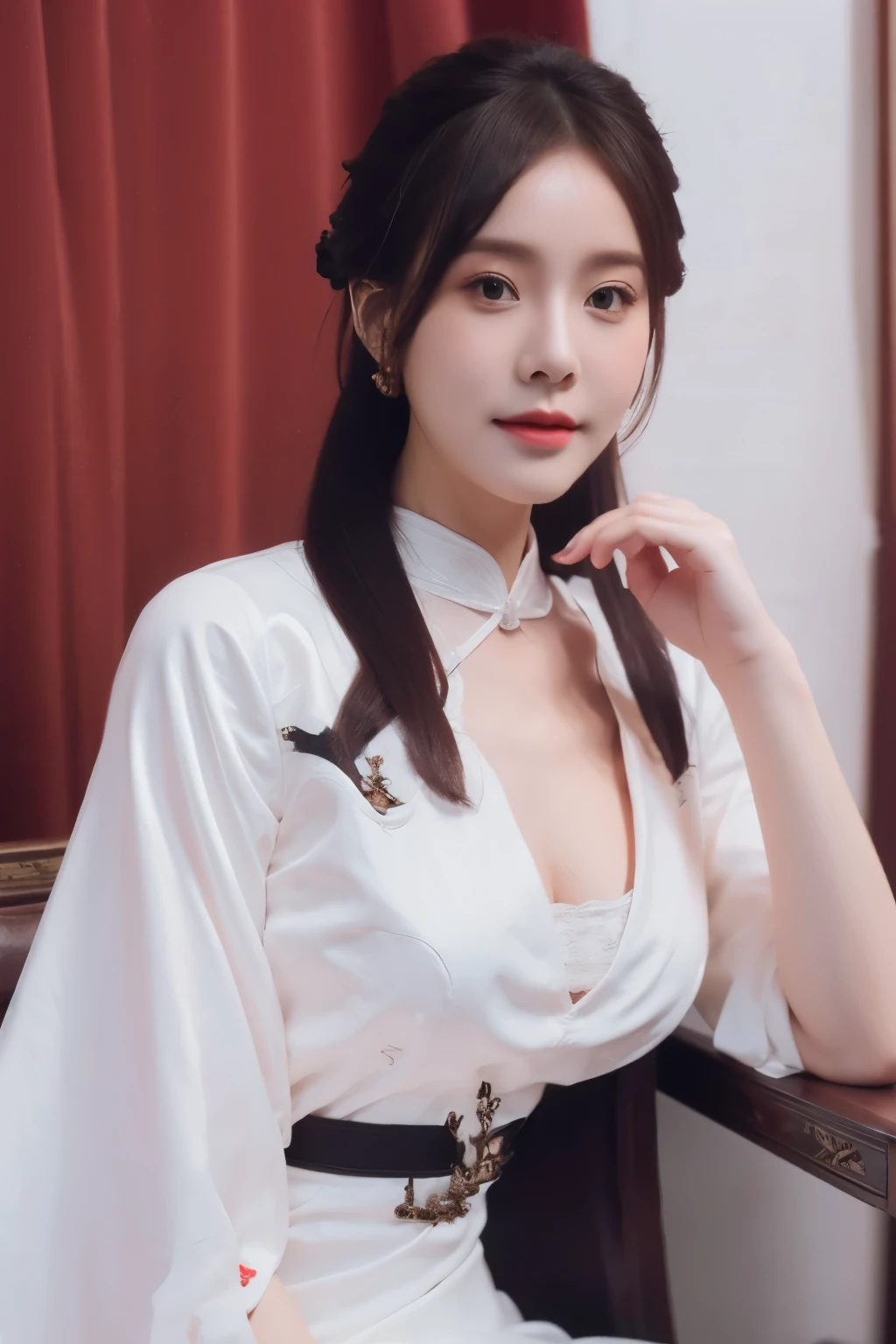 1 beautiful woman with perfect body, layered hairstyle, prominent cleavage, highly detailed face and skin texture, double eyelids, fair skin, long hair, beautiful long legs, (Hanfu) standing beside the sea, best quality, 4k, 8k, highres, masterpiece:1.2, ultra-detailed, realistic, photorealistic, photo-realistic:1.37, HDR, UHD, studio lighting, ultra-fine painting, sharp focus, physically-based rendering, extreme detail description, professional, vivid colors, bokeh, portrait