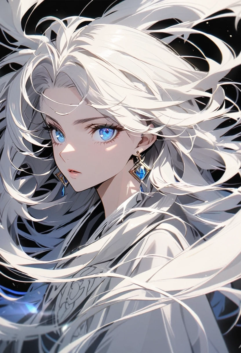 woman, god, god eyes, blue eyes, windy hair, long hair, white hair, god mature, god eyes, diamond earings