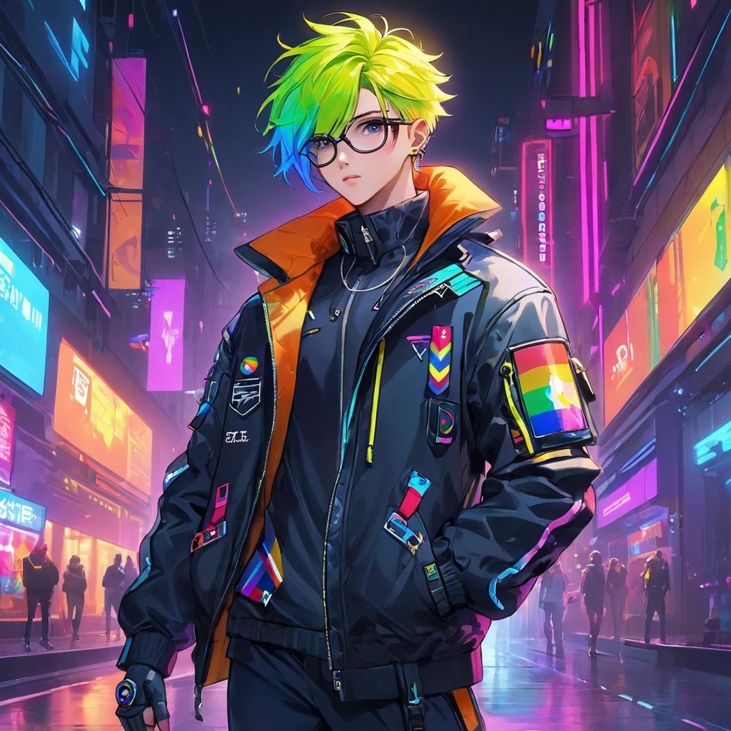 Billy retains his modern, cyberpunk aesthetic with a sleek, urban look, blending high-tech and streetwear fashion.
Hair: His hair is styled in a contemporary, edgy manner, often with vibrant colors or highlights that complement his overall appearance. Perhaps he occasionally changes his hair color to express his personality and pride, including subtle rainbow streaks or other LGBTQ+ symbols.
Outfit:
Jacket: A high-tech jacket with sleek design, featuring neon accents and digital patterns. It’s fitted and functional, with occasional pride-themed patches or pins.
Shirt: A bold-colored shirt underneath the jacket, possibly featuring subtle patterns or symbols representing LGBTQ+ pride.
Pants: Modern and fitted, designed for mobility and style. They might include small pride elements like rainbow stitching.
Footwear: Futuristic shoes with a sleek design and high-tech enhancements, ensuring both comfort and a cutting-edge look. They might have small, colorful accents.
Accessories:
Glasses/Goggles: Stylish glasses or high-tech goggles that add to his cyberpunk aesthetic.
Tech Gear: Equipped with various pieces of tech gear, such as a wrist device or gloves with digital interfaces, emphasizing his role in a high-tech world. Some tech gear might display pride colors or symbols.
Pride Accessories: Small pride flags, bracelets, or pins on his jacket or tech gear.